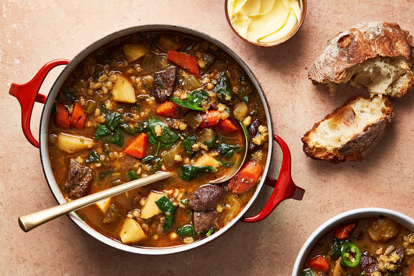 Lighter than you may expect, this beef barley soup features seared chunks of beef and lightly chewy barley, but spinach and lemon step in for the usual mushrooms. Food styled by Simon Andrews. (Armando Rafael/The New York Times)