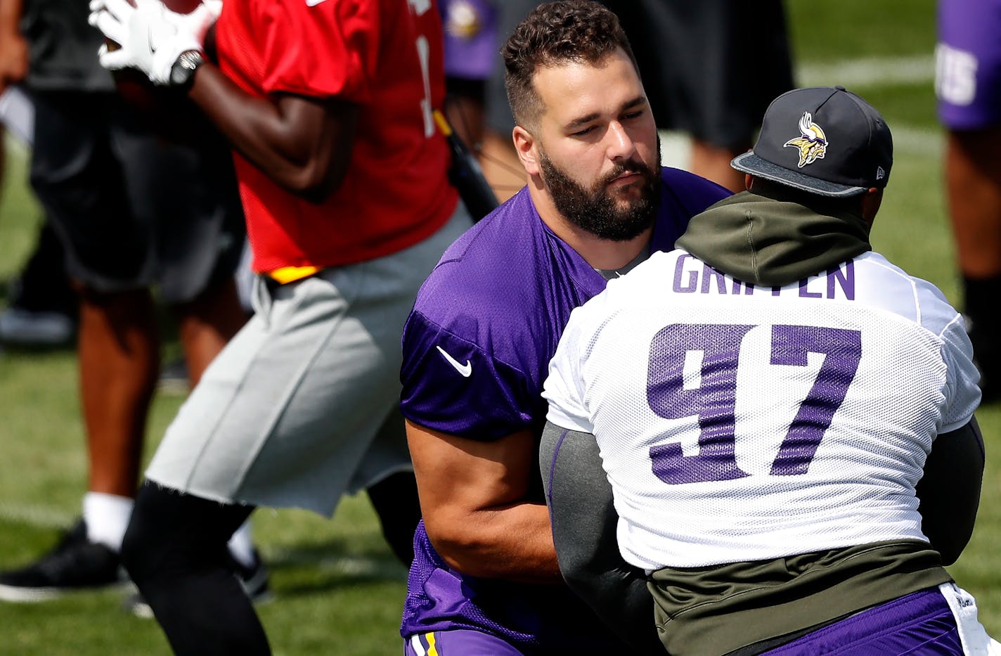 Vikings starting left tackle Matt Kalil, left, left the practice field early Sunday because of an apparent leg injury, walked to the locker room, didn't return and was replaced by T.J. Clemmings, who is competing for the starting right tackle job and the backup swing tackle position.