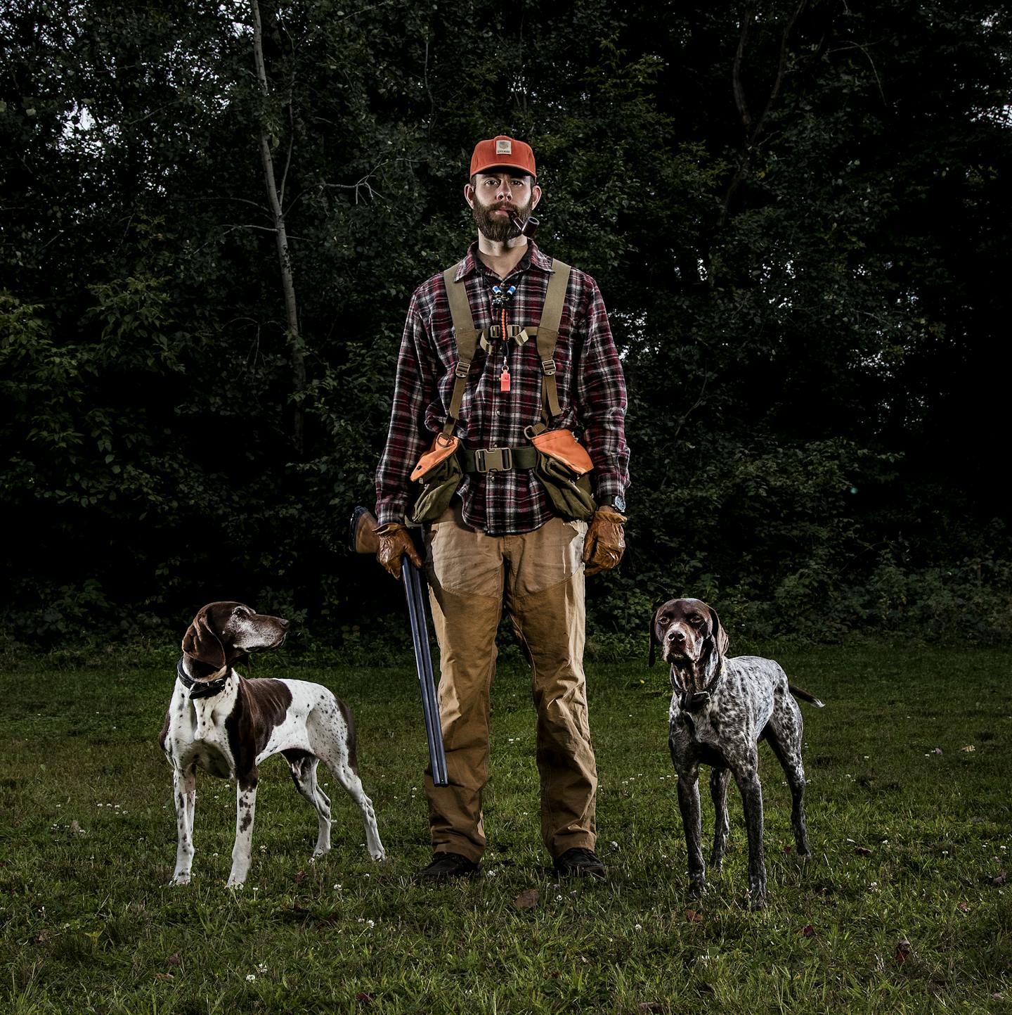 Grouse hunter Garrett Mikrut of Circles Pines with his German shorthaired pointers Stella and Surly. ] CARLOS GONZALEZ &#xef; cgonzalez@startribune.com - September 6, 2017, Circle Pines, MN, Catching up with a grouse hunter, Garrett Mikrut of Circles Pines, and checking on his gear list for this season