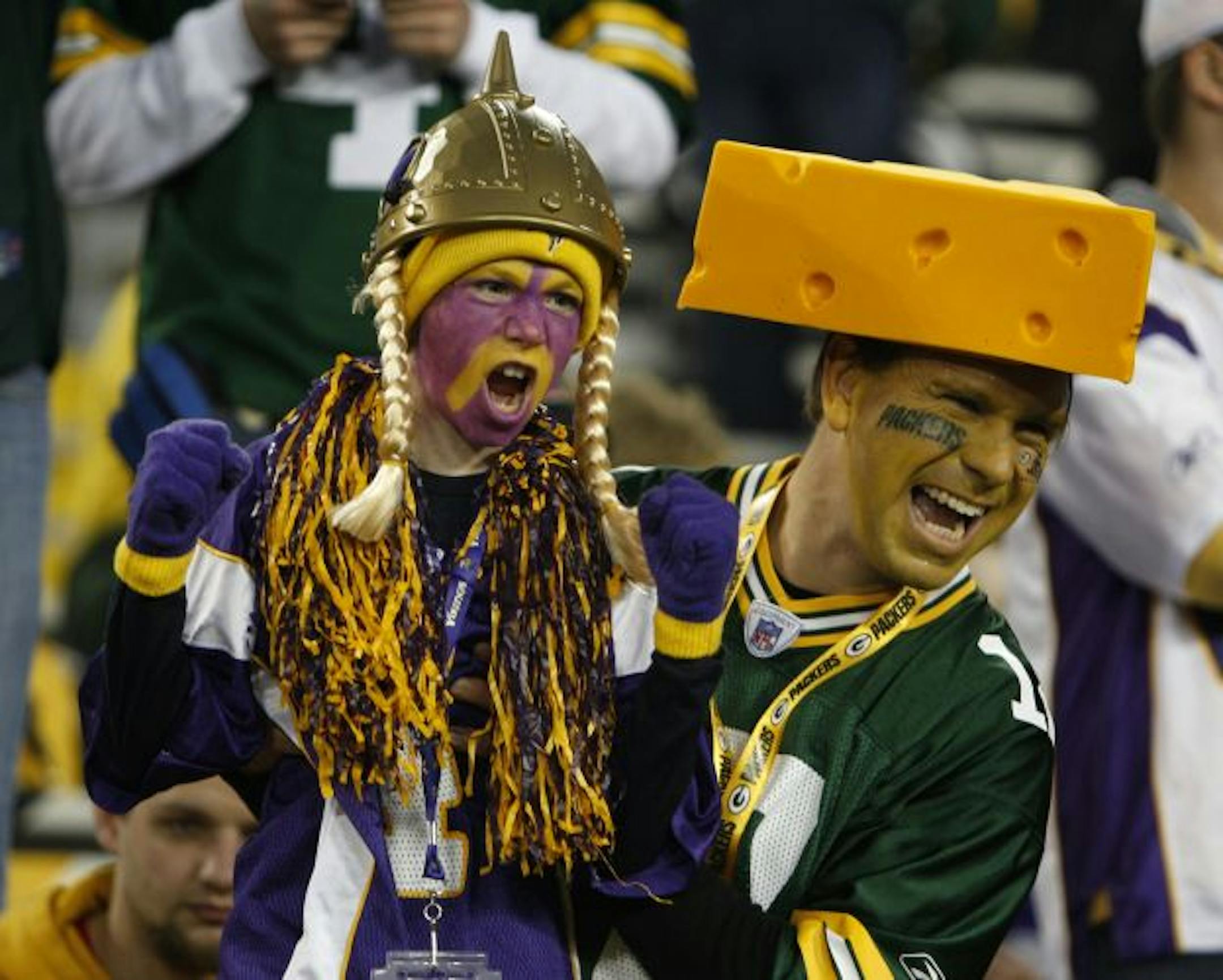 Green Bay Packers fan David Krasny does not mind that his ten-year-son Carter is a Minnesota Vikings fan. The Packers faced the Vikings at Lambeau Field in Green Bay, Wisconsin, Sunday, October 24, 2010.