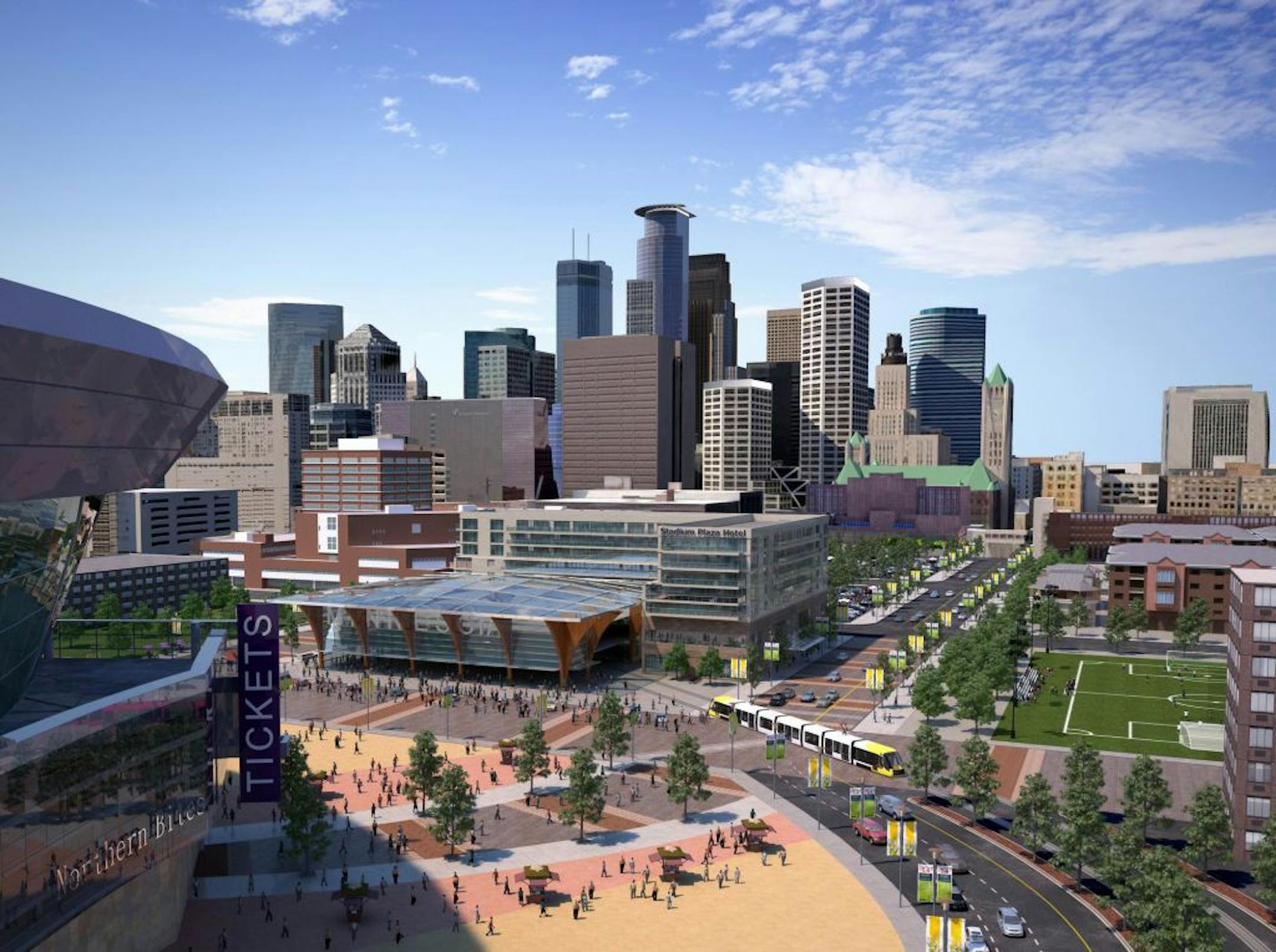 One of three new conceptual images from the Minnesota Vikings shows possibilities for a stadium and its surroundings on the Metrodome site in downtown Minneapolis.