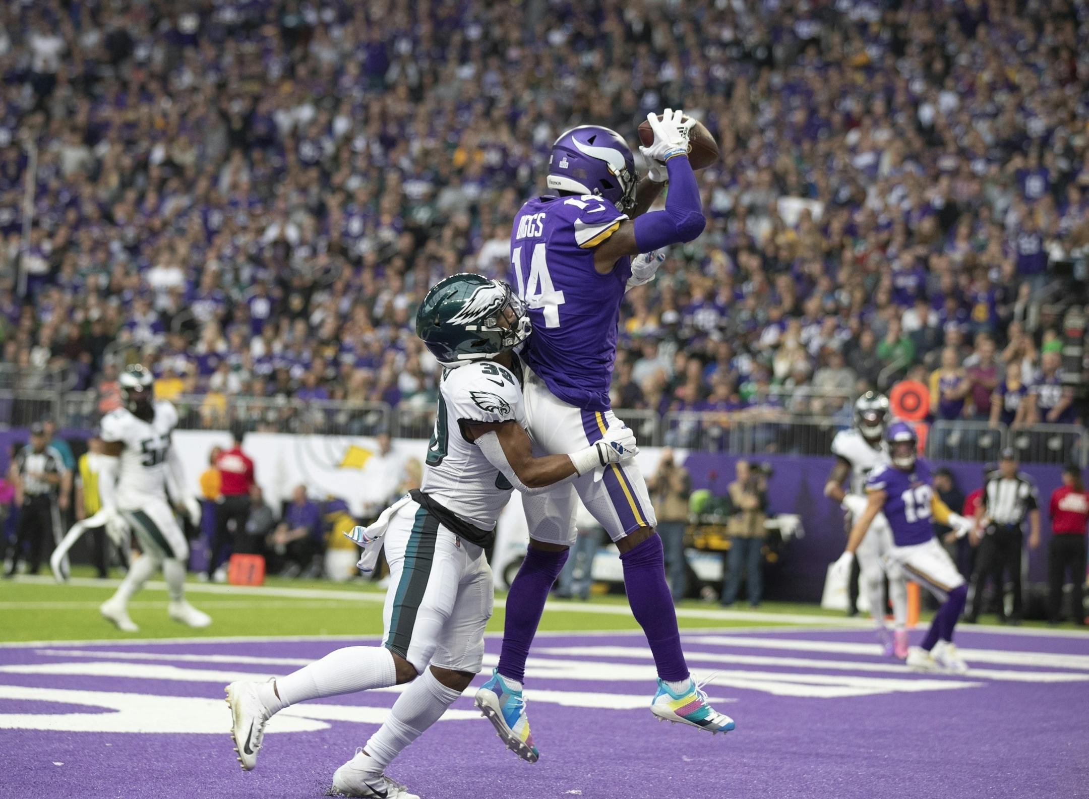 Minnesota Vikings wide receiver Stefon Diggs (14) caught his third touchdown of the game, an 11 yard catch over Philadelphia Eagles defensive back Craig James (39) at U.S. Bank Stadium.