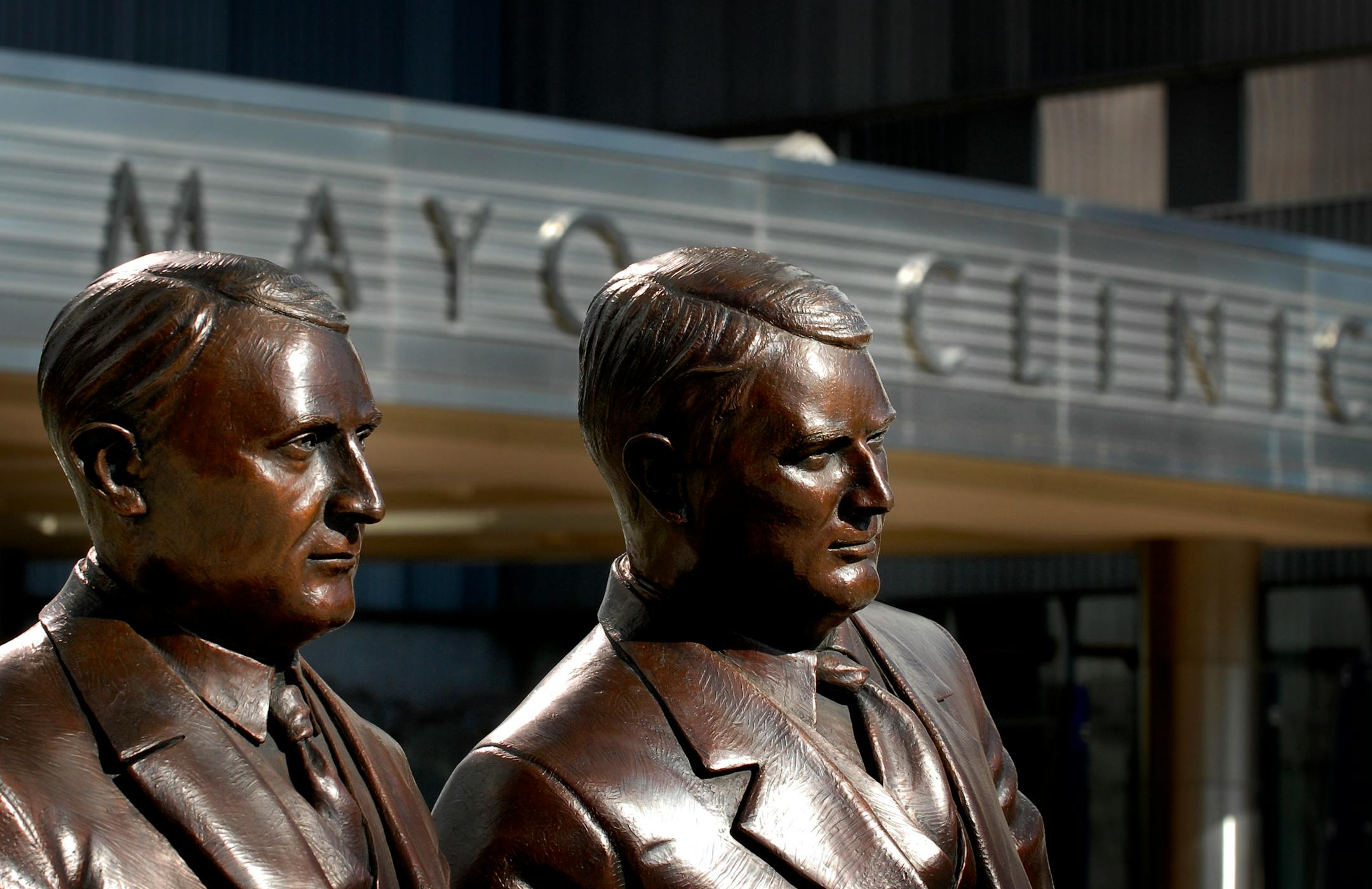 A bronze statue of Dr. William J. Mayo and Dr Charles H. Mayo titles "My Brother and I" outside the Mayo Clinic in Rochester, Minn. The brothers, along with their father, Dr. William Mayo, built the Mayo Clinic.