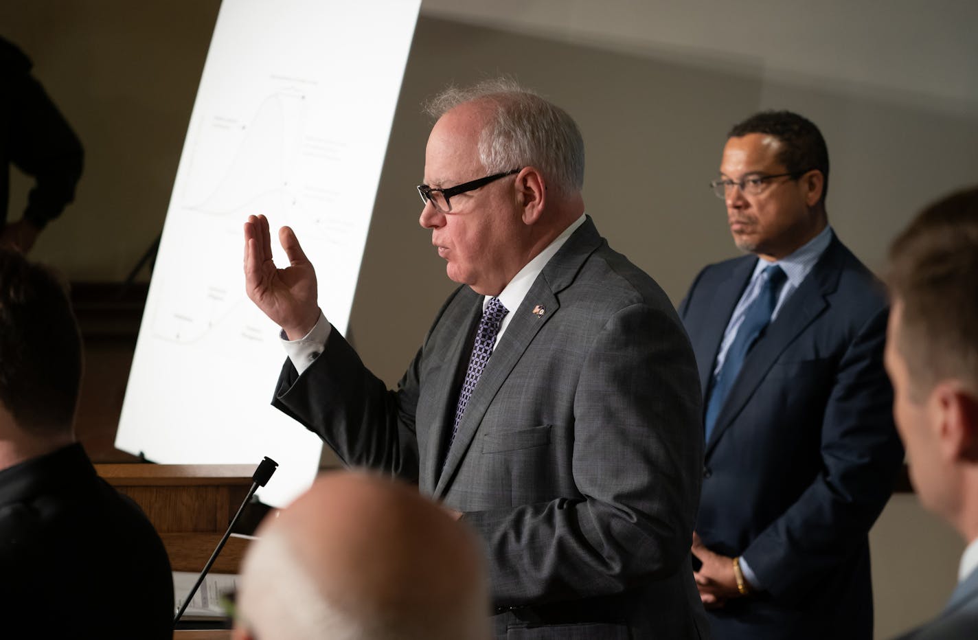 Gov. Tim Walz and Attorney General Keith Ellison at a coronavirus briefing in early March. Walz gave Ellison authority to look into price gouging on items that are needed for the health and welfare of Minnesotans.