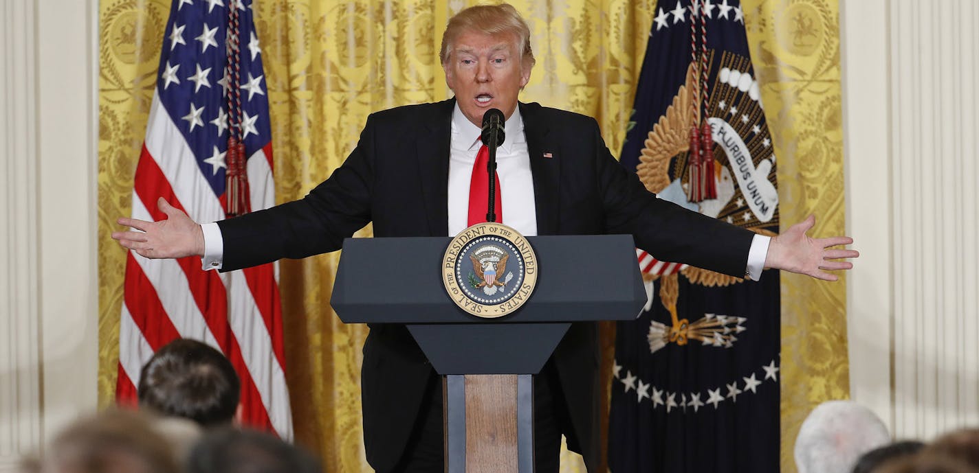 President Donald Trump speaks during a news conference in the East Room of the White House in Washington, Thursday, Feb. 16, 2017. (AP Photo/Pablo Martinez Monsivais) ORG XMIT: MIN2017021616035681