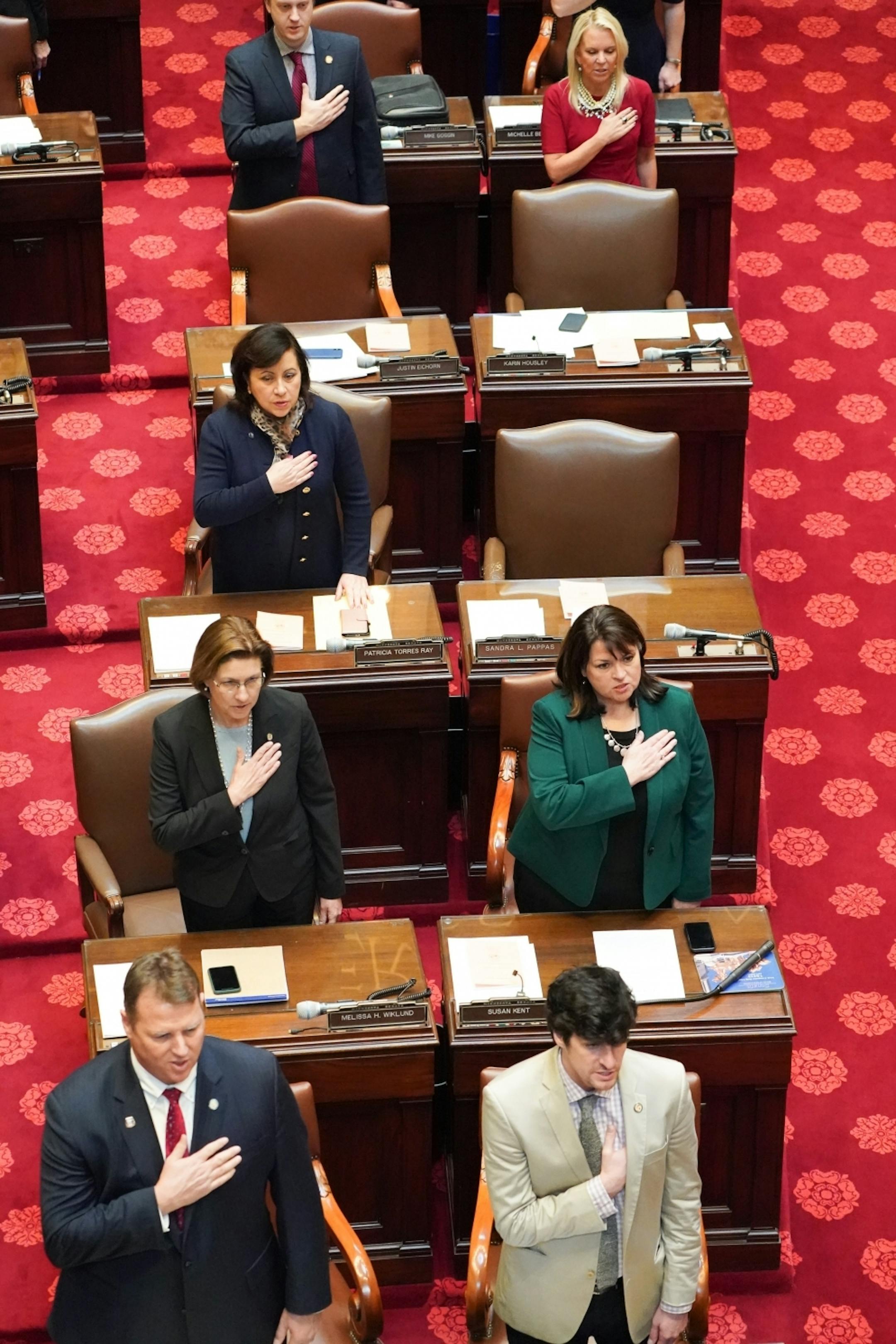 New Senate Minority Leader Sen. Susan Kent, DFL-Woodbury stood for the Pledge of Allegiance with other Senators at the start of session.