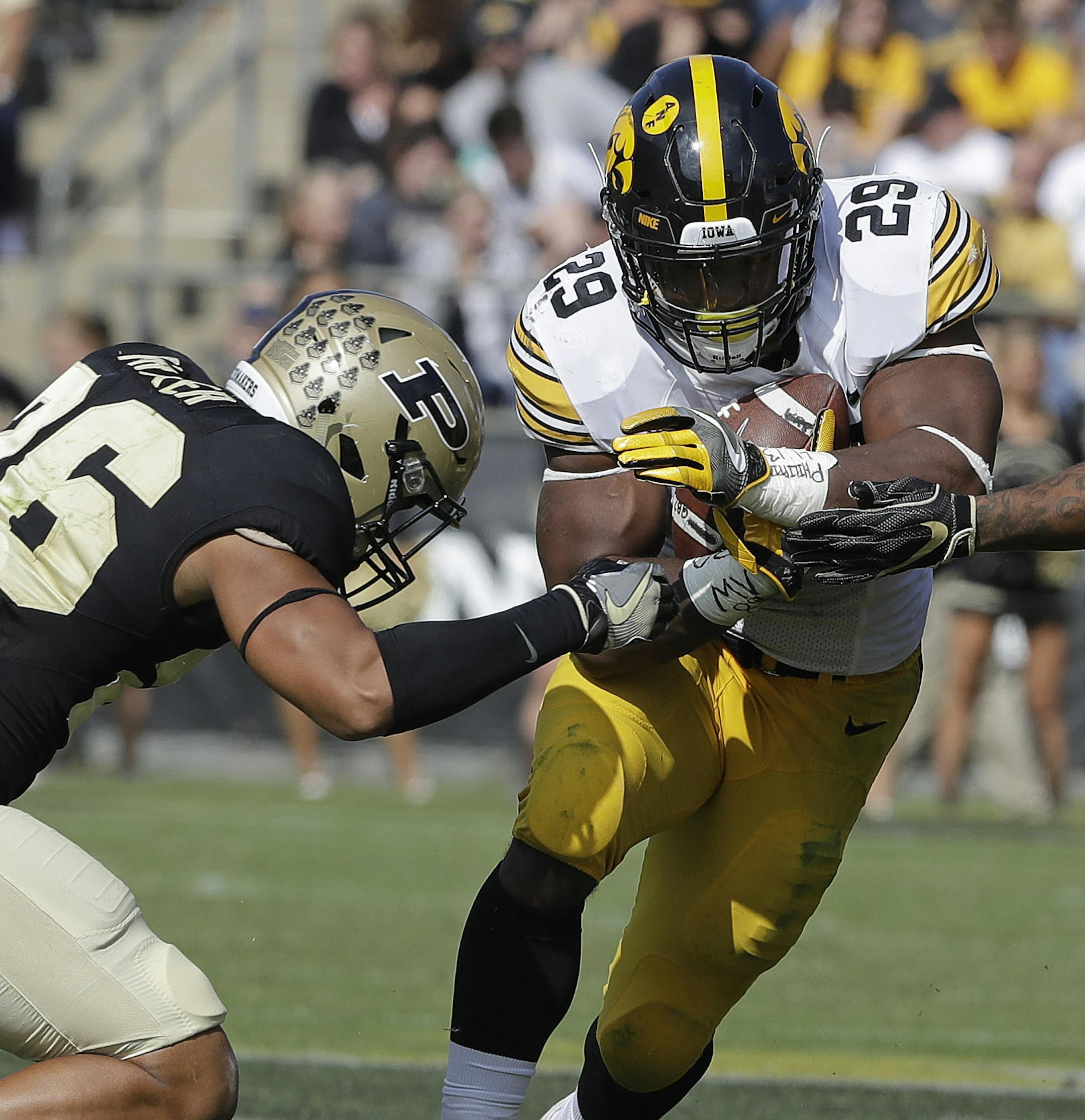 Iowa's LeShun Daniels Jr. (29) is tackled by Purdue's C.J. Parker during the second half of an NCAA college football game, Saturday, Oct. 15, 2016, in West Lafayette, Ind. Iowa won 49-35. (AP Photo/Darron Cummings)