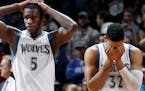 Gorgui Dieng (5) and Karl-Anthony Towns (32) reacted at the end of the game. New York beat Minnesota by a final score of 106-104. ] CARLOS GONZALEZ cg