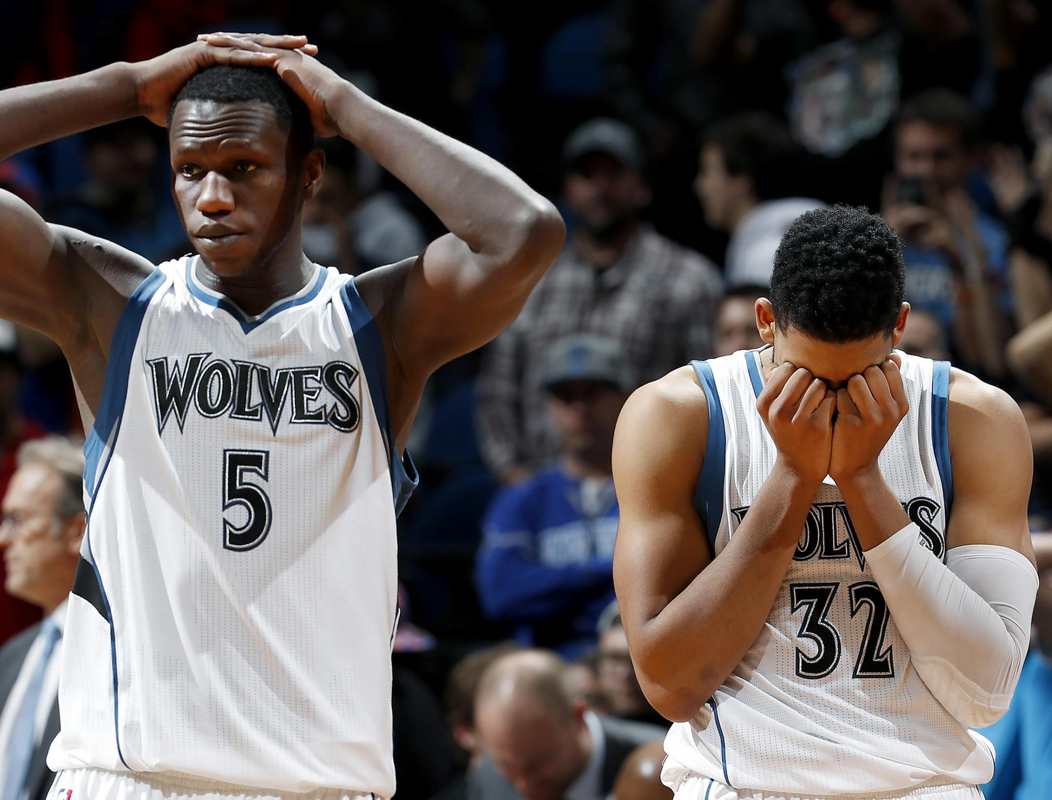 Gorgui Dieng (5) and Karl-Anthony Towns (32) reacted at the end of the game. New York beat Minnesota by a final score of 106-104. ] CARLOS GONZALEZ cgonzalez@startribune.com - November 30, 2016, Minneapolis, MN, Target Center, NBA, Minnesota Timberwolves vs. New York Knicks ORG XMIT: MIN1611302141543479