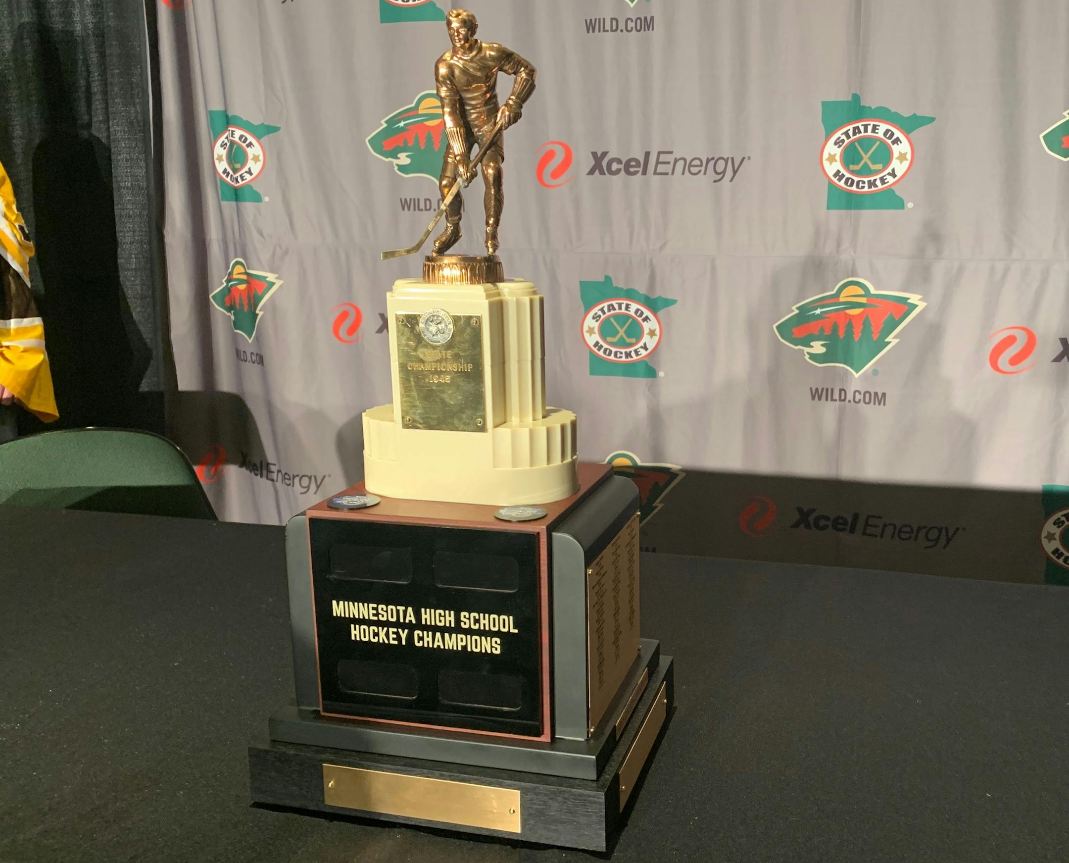 The Eveleth Trophy was made by Jostens, a memorabilia company, which took the 1945 boys’ state championship trophy, the first ever, from Eveleth and added onto the bottom of it to create The Eveleth Trophy. The winning schools will be engraved on the trophy. Photo: Jack Warrick, Star Tribune