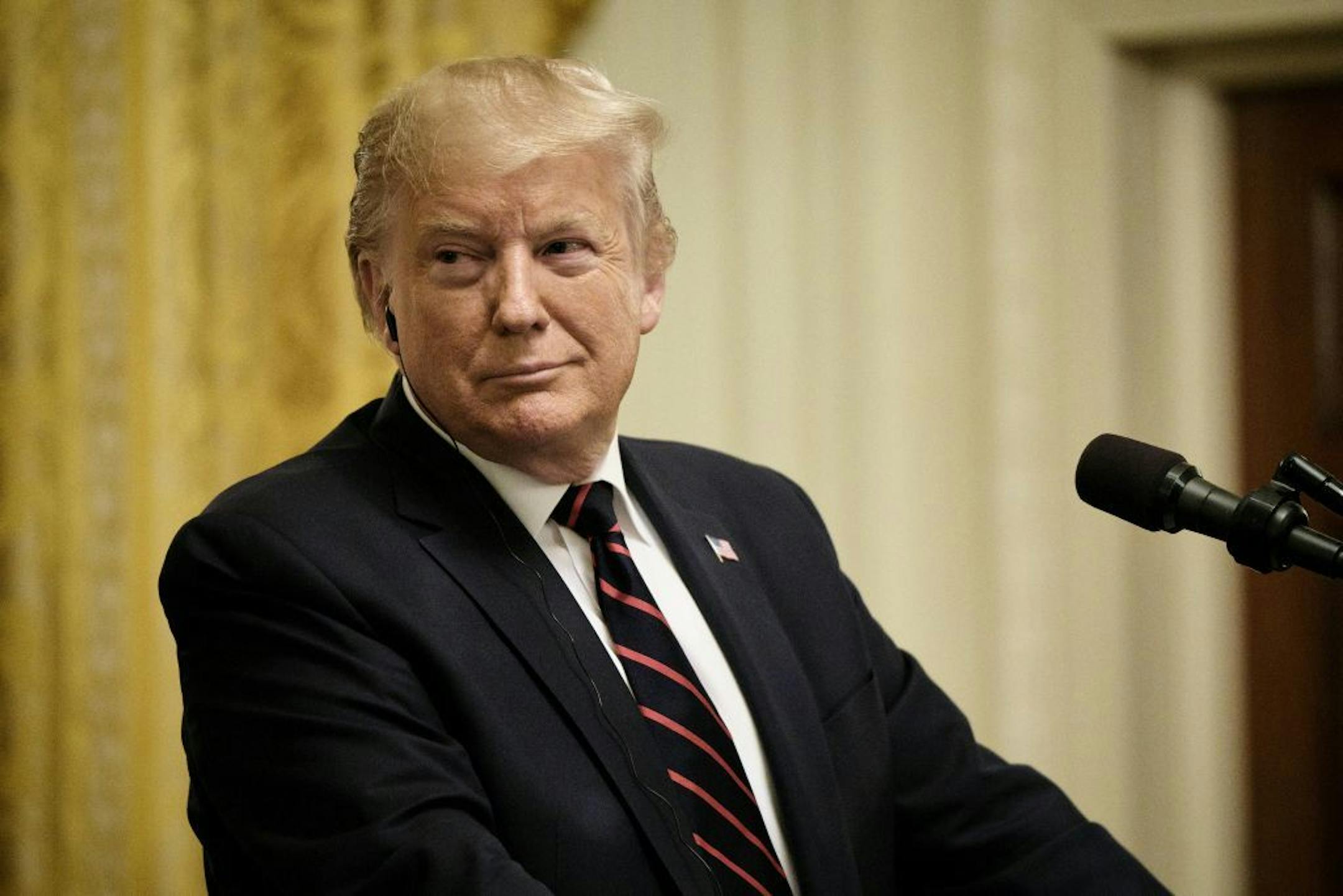 President Donald Trump at a news conference with Italian President Sergio Mattarella in the East Room of the White House in Washington, Oct. 16, 2019.