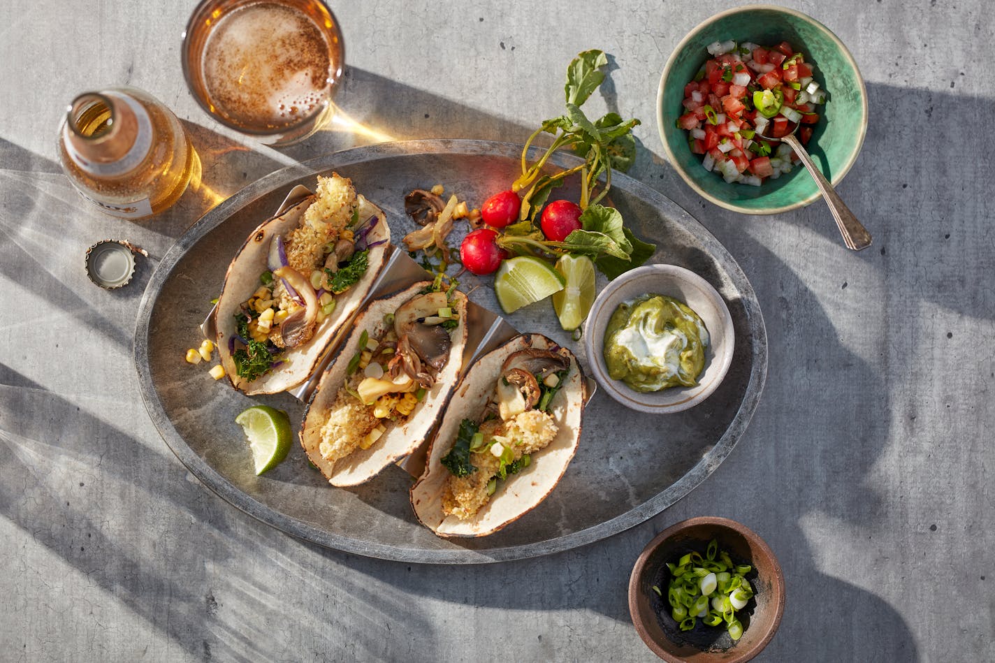 Crispy Fish Tacos with Pan-roasted Mushroom-Vegetable Slaw. Photo by Dennis Becker, food styling by Lisa Golden Schroeder, special to the Star Tribune