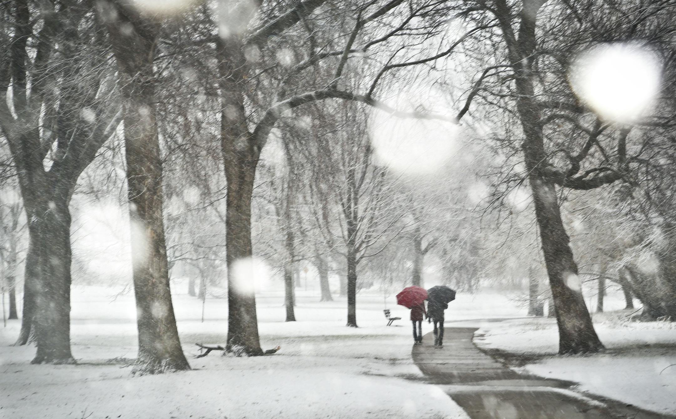 Laura and John Reinhardt walked with umbrellas in the snow around Lake Nokomis in Minneapolis, Minn., on Monday, April 22, 2013. ] (RENEE JONES SCHNEIDER * reneejones@startribune.com)