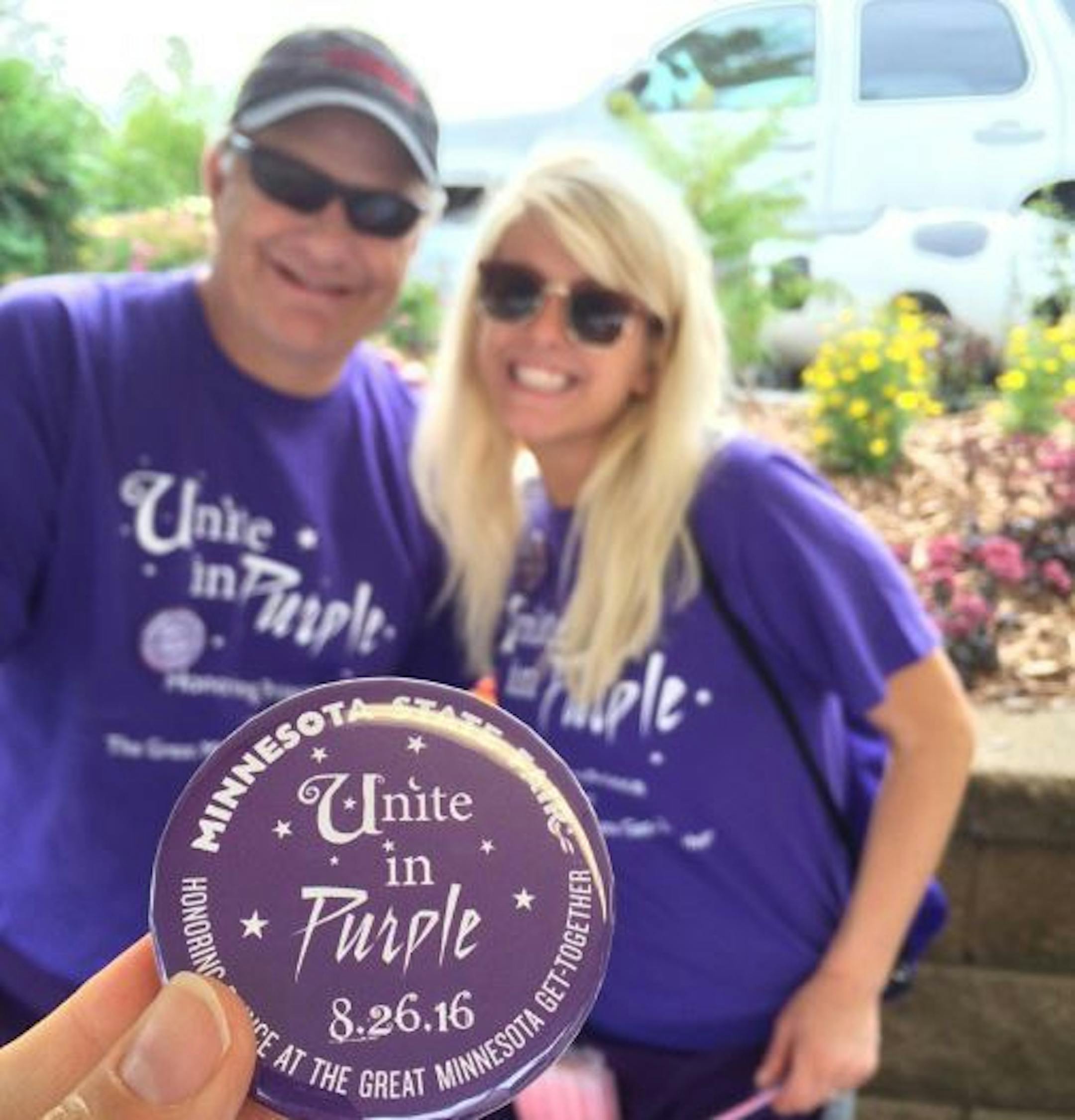 A view of the button being handed out at the Minnesota State Fair.