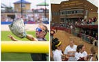 Views toward home plate show differences between Caswell Park (left, and that's Forest Lake's Cierra Moore in 2023) and Jane Sage Cowles Stadium.