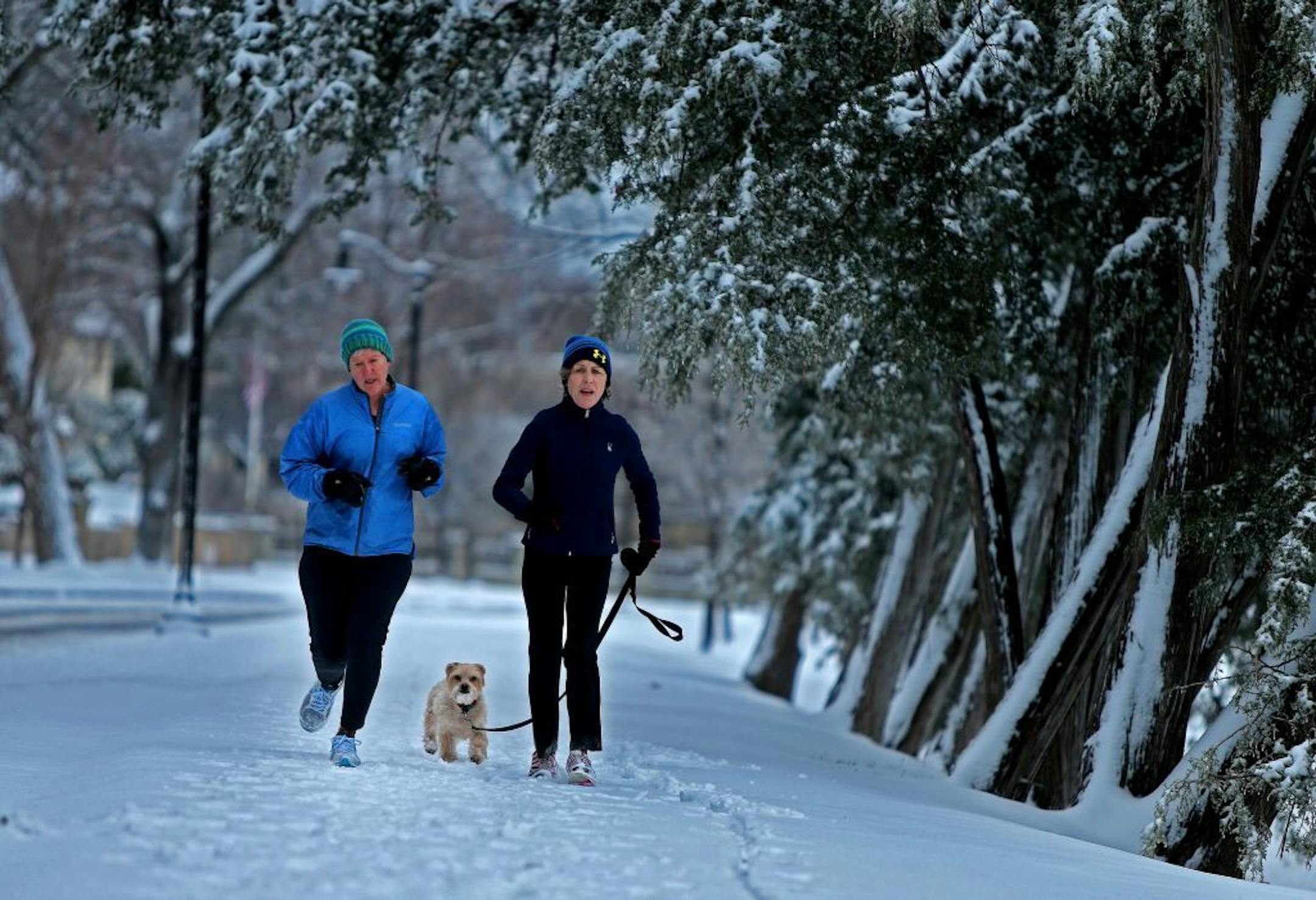 Martha Brand, left, and Beth Dooley didn't let the April snow get to them for a run with Dooley's dog Charlie around Lake of the Isles, Thursday, April 17, 2014 in Minneapolis.