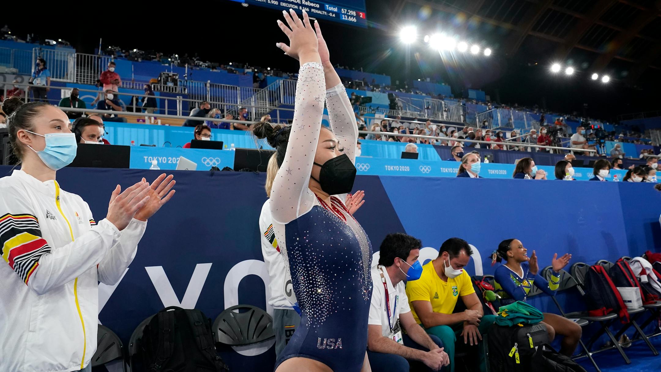 Suni Lee, of the United States, celebrates after she won the gold medal in the artistic gymnastics women's all-around at the 2020 Summer Olympics, Thursday, July 29, 2021, in Tokyo. (AP Photo/Gregory Bull)