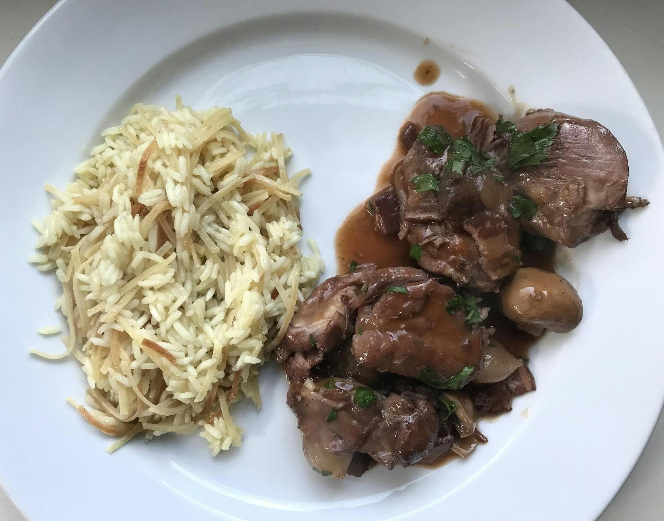 Coq au vin and Aremenian rice pilaf