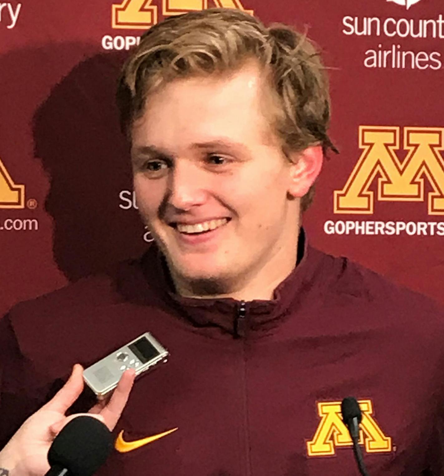 Mittelstadt, freshman Gophers hockey player, spoke with media members on Nov. 1, 2017. (University of Minnesota photo)