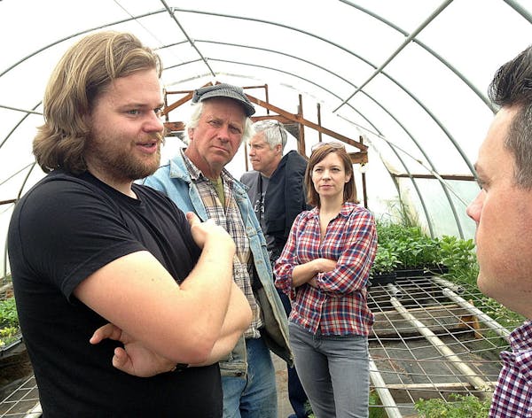 Magnus Nilsson talks with Greg Reynolds, Amy Thielen and Gavin Kaysen at Riverbend Farm in Delano.