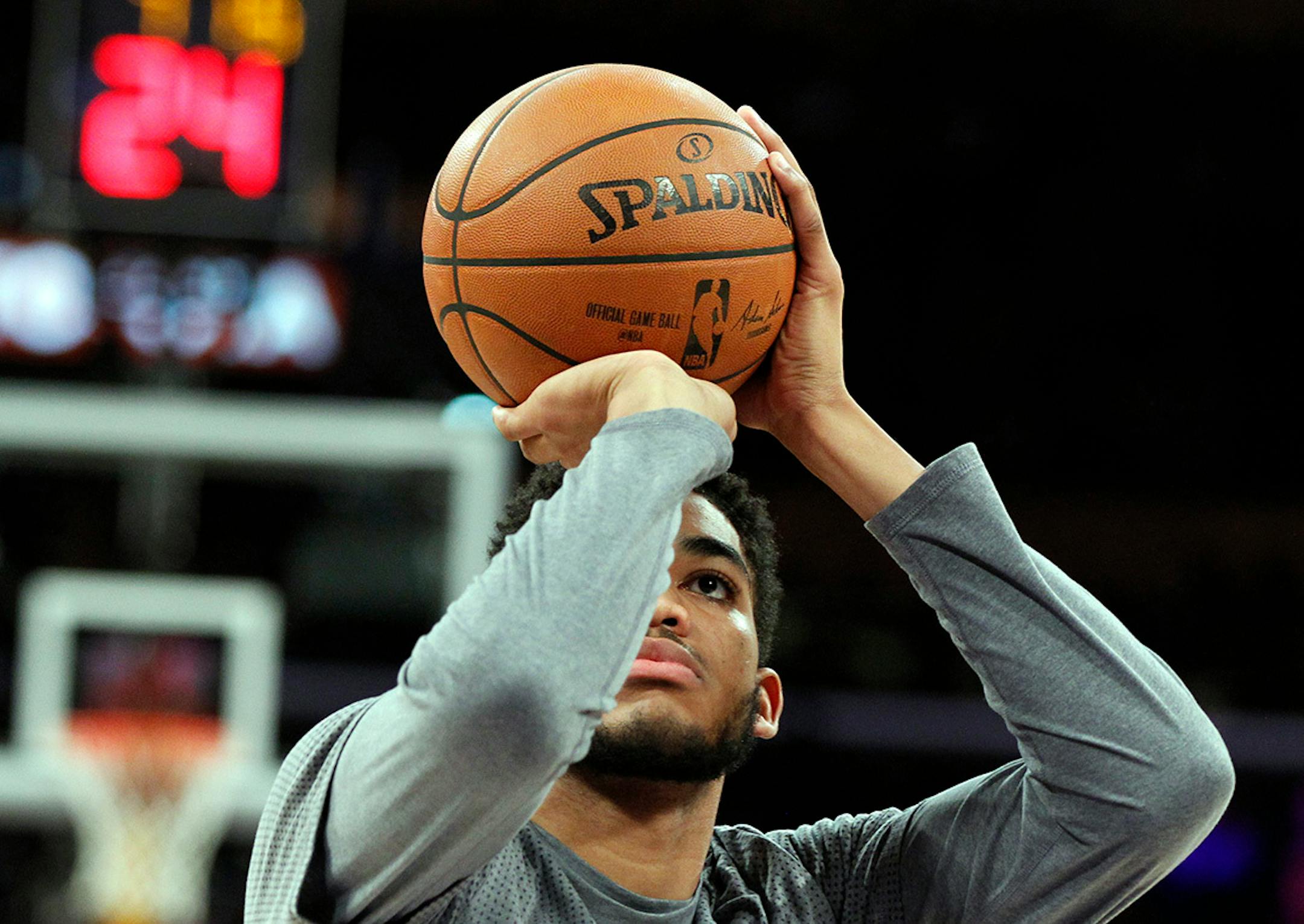 Minnesota Timberwolves center Karl-Anthony Towns during warmups before his first NBA game against the Los Angeles Lakers in Los Angeles, Wednesday, Oct. 28, 2015.