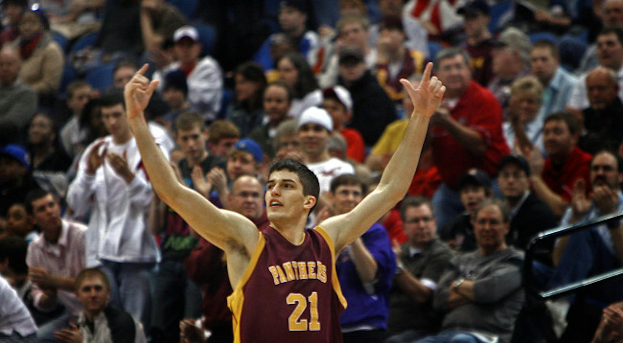 Ellsworth's Cody Schilling gestured to the crowd as he left the game as his team captured the Class 1A championship over Minnesota Transitions Charter School at the 2008 Minnesota State High School Boys' Basketball Tournament at the Target Center in Minneapolis. The final score was 81-63.