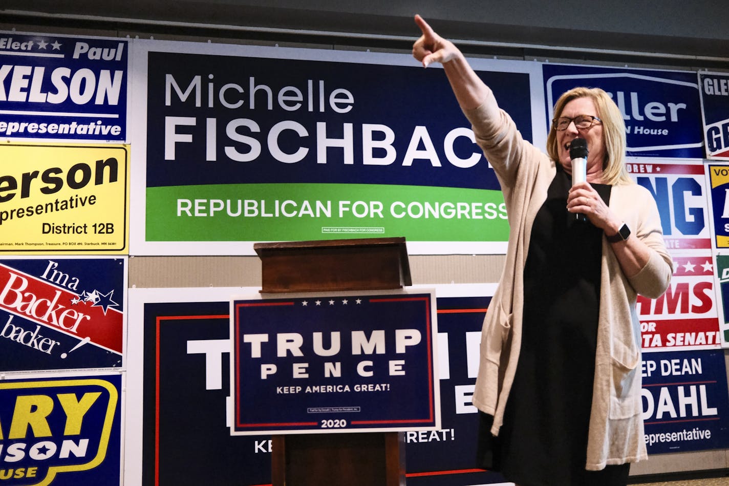 GOP CD-7 congressional candidate Michelle Fischbach addressed supporters at Tuesday night's watch party in Olivia, Minn.