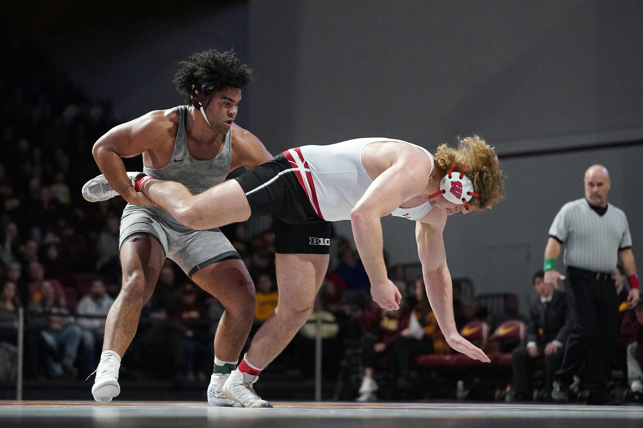 Minnesota's Gable Steveson wrestled Wisconsin's Trent Hillger Friday night. ] ANTHONY SOUFFLE • anthony.souffle@startribune.com Gable Steveson wrestled in Minnesota for first time since his suspension as the Gophers faced Wisconsin Friday, Jan. 10, 2020 at the Maturi Pavilion in Minneapolis
