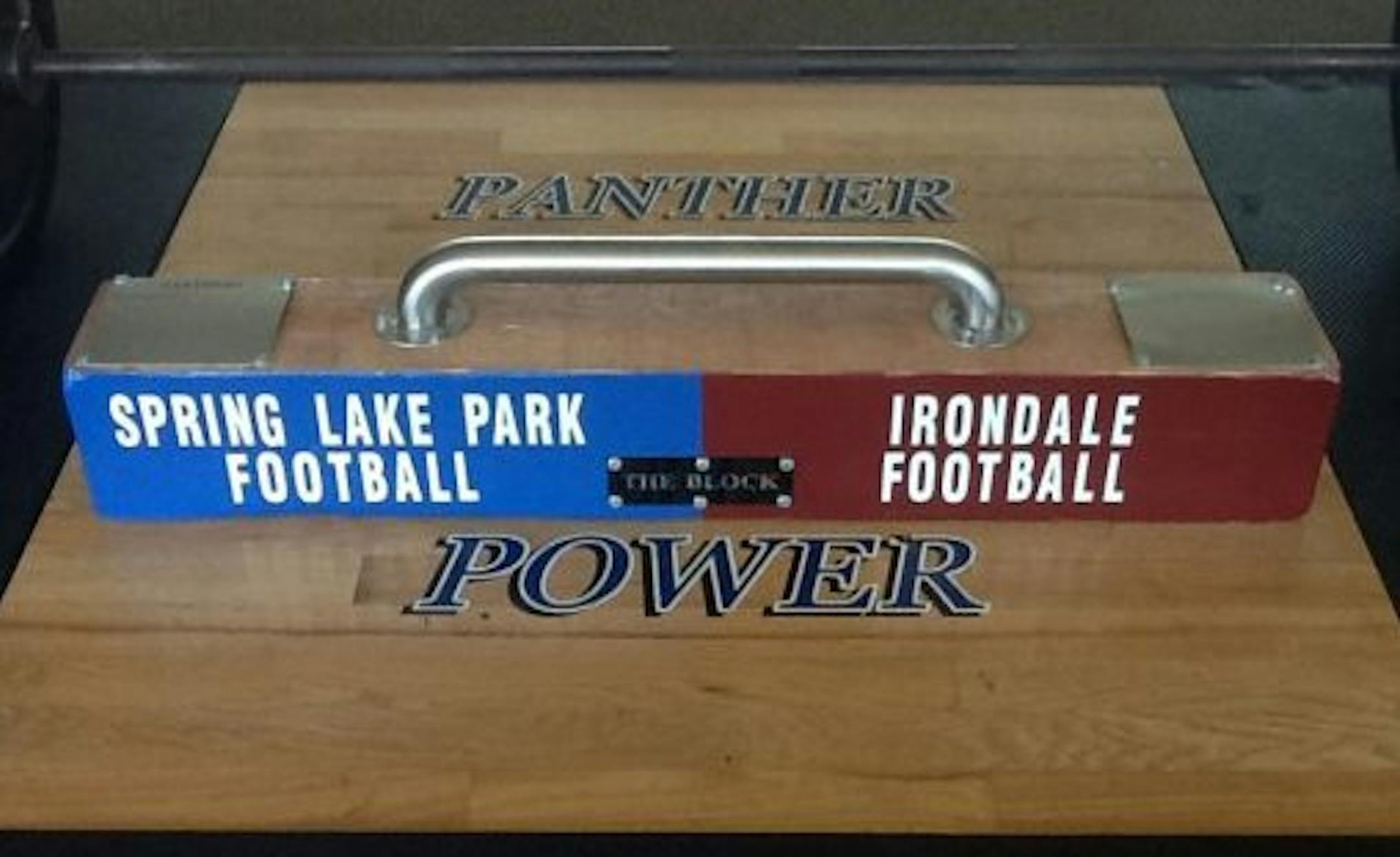 The Block traveling trophy awarded to the winner of Spring Lake Park vs. Irondale football.