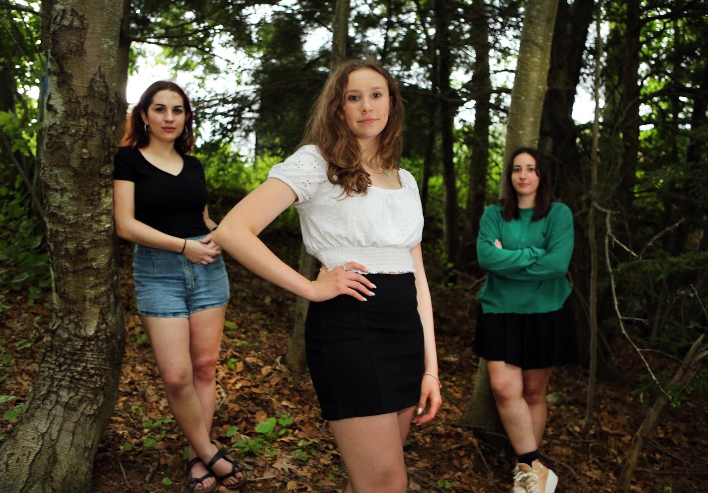 Camille Paradis, 18, left; Rayna Toth, 17, center; and Maggie LaBanca, 18, were all third-graders at the time of the mass shooting at Sandy Hook Elementary School in Newtown, Conn. They are now seniors and members of the Junior Newtown Action Alliance. MUST CREDIT: Photo for The Washington Post by Stan Godlewski.