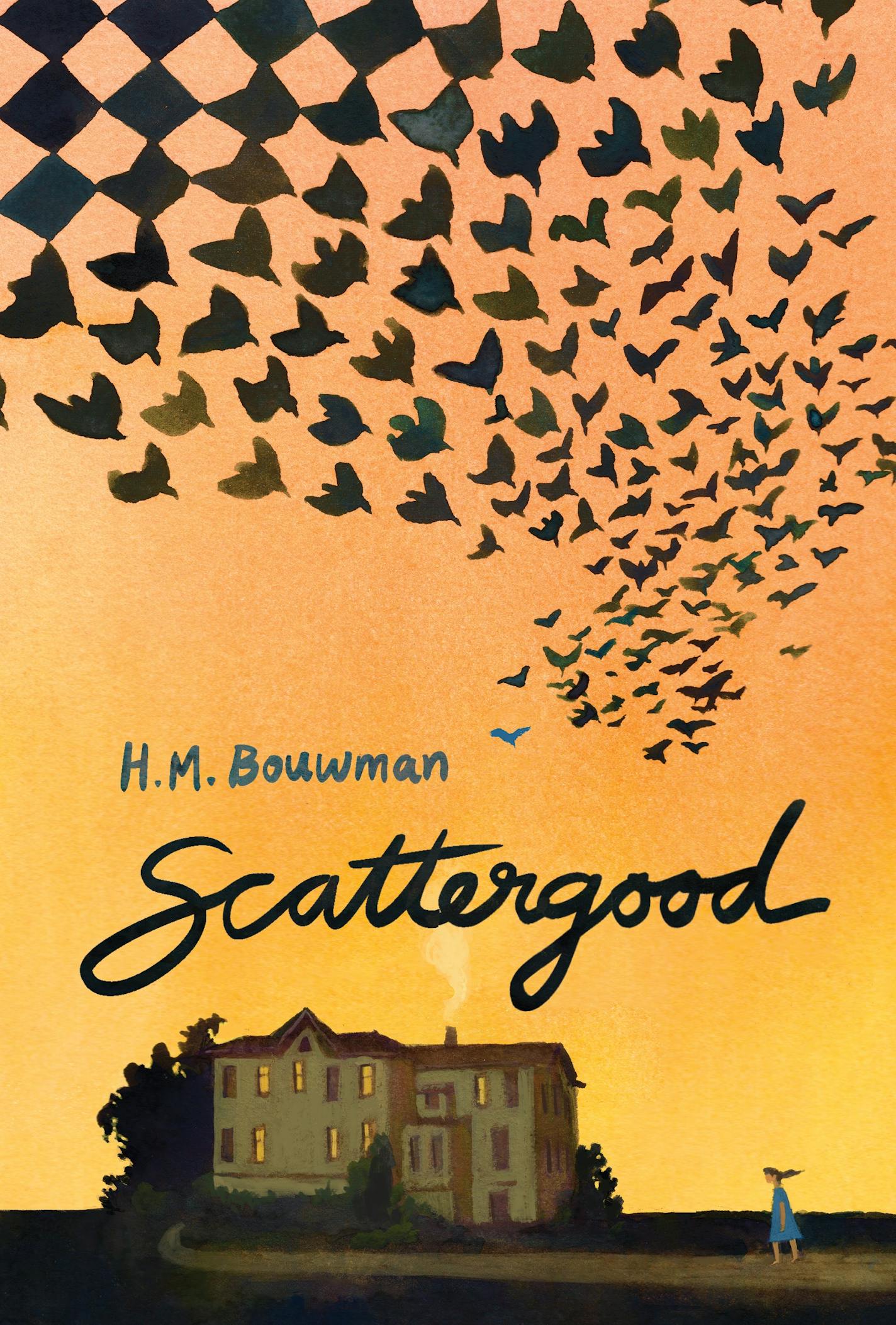 cover of Scattergood features a painting of a flock of birds and a farmhouse