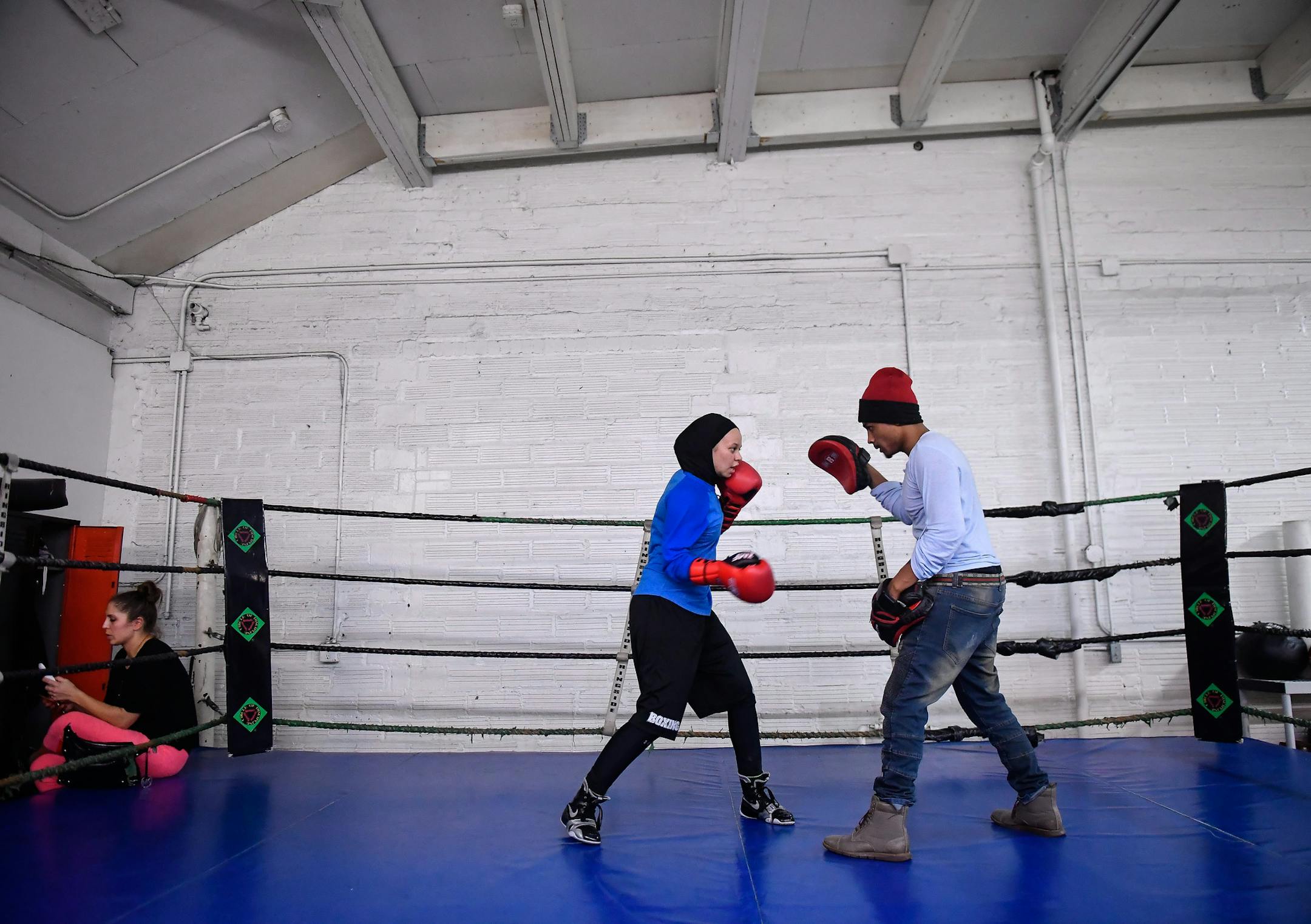 Amaiya Zafar trained with Jonathan Perez, a coach and professional boxer, at Circle of Discipline boxing gym in Minneapolis.