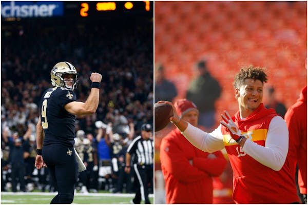 Ageless Saints quarterback Drew Brees, left, is one of the two leading candidates for MVP, along with youthful Chiefs QB Patrick Mahomes.
