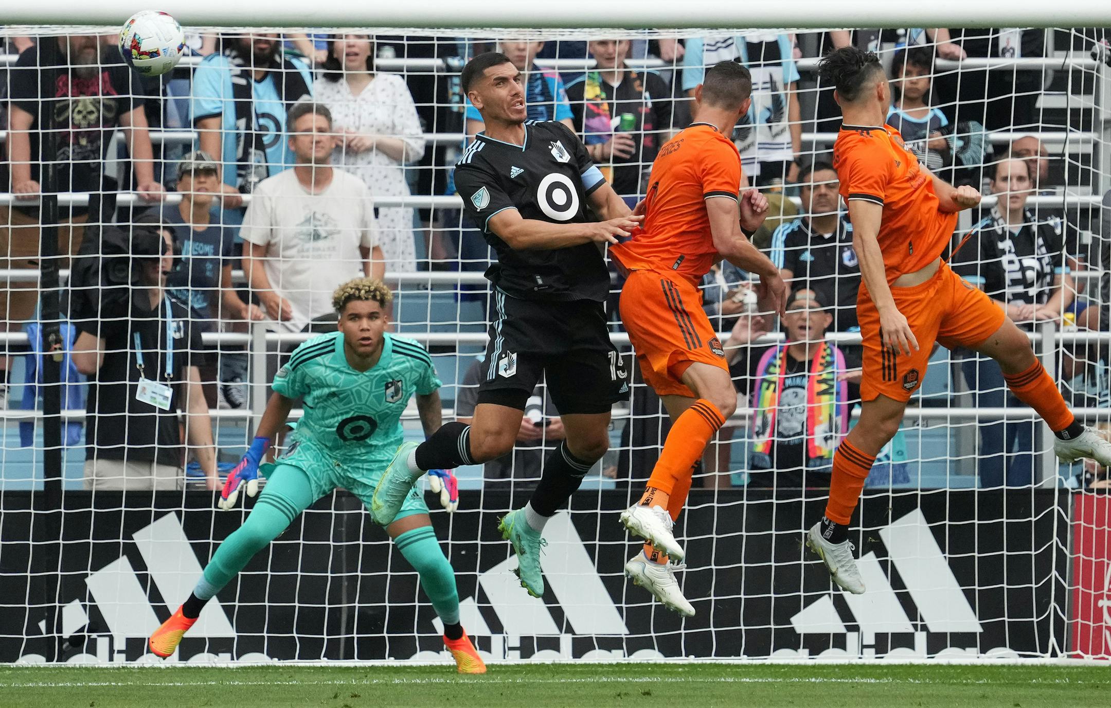 Minnesota United defender Michael Boxall (15) clears away a corner kick in the first half of an MLS game between Minnesota United and the Houston Dynamo.