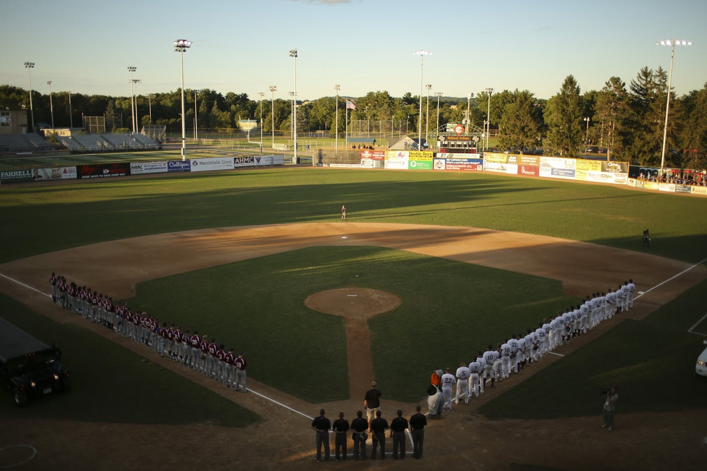 The Northwoods League held their 2013 All-Star Game Tuesday night, July 23, 2013 at Carson Park in Eau Claire, Wisconsin. Both teams lined up for the National Anthem prior to the Northwoods League All-Star Game.