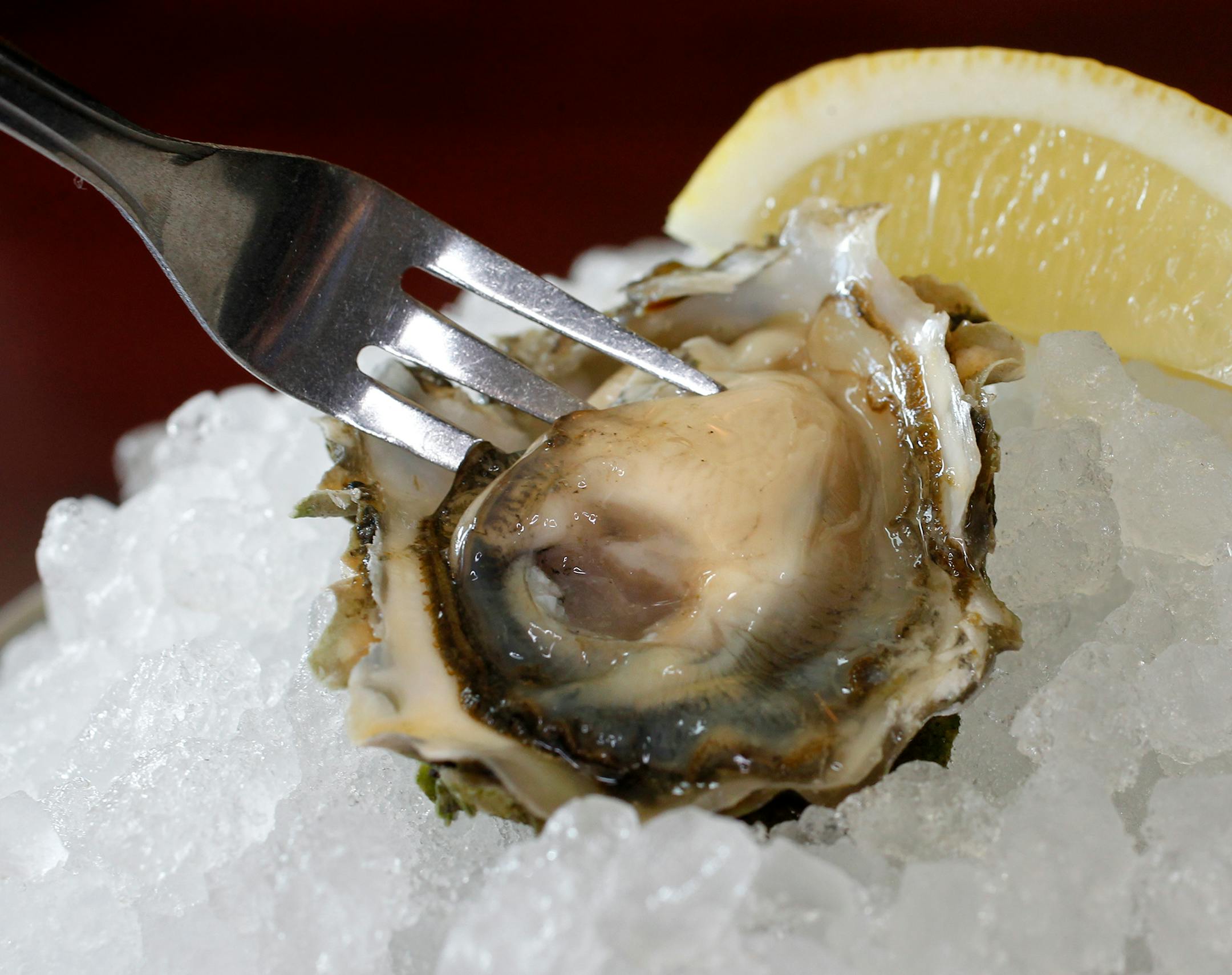 Meritage will serve a single oyster for tasting. ] - Assignments #20019254A_ August 13, 2011_ SLUG: rn0818_ EXTRA INFORMATION: __ Meritage, added a raw bar earlier this year, Absynthe drinks. Foods shots: "Composition of summer corn," gnocchi with shrimp, lobster in gelee, striped bass. Salmon salad __ (CQ) Russell and Desta Klein, by Russ.