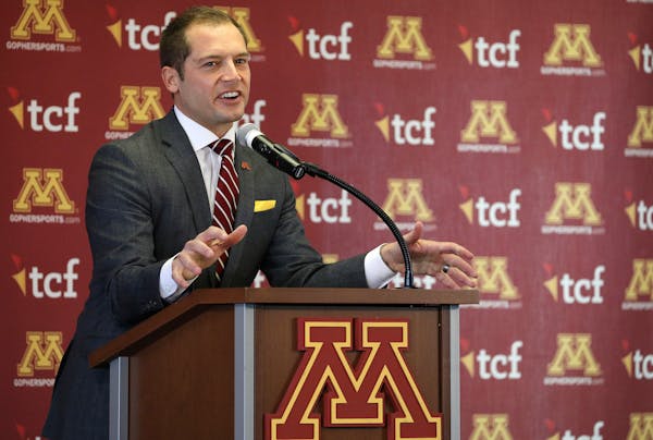 Newly named University of Minnesota football coach P.J. Fleck gestured with energy as he spoke during a press conference Friday. ] ANTHONY SOUFFLE &#x