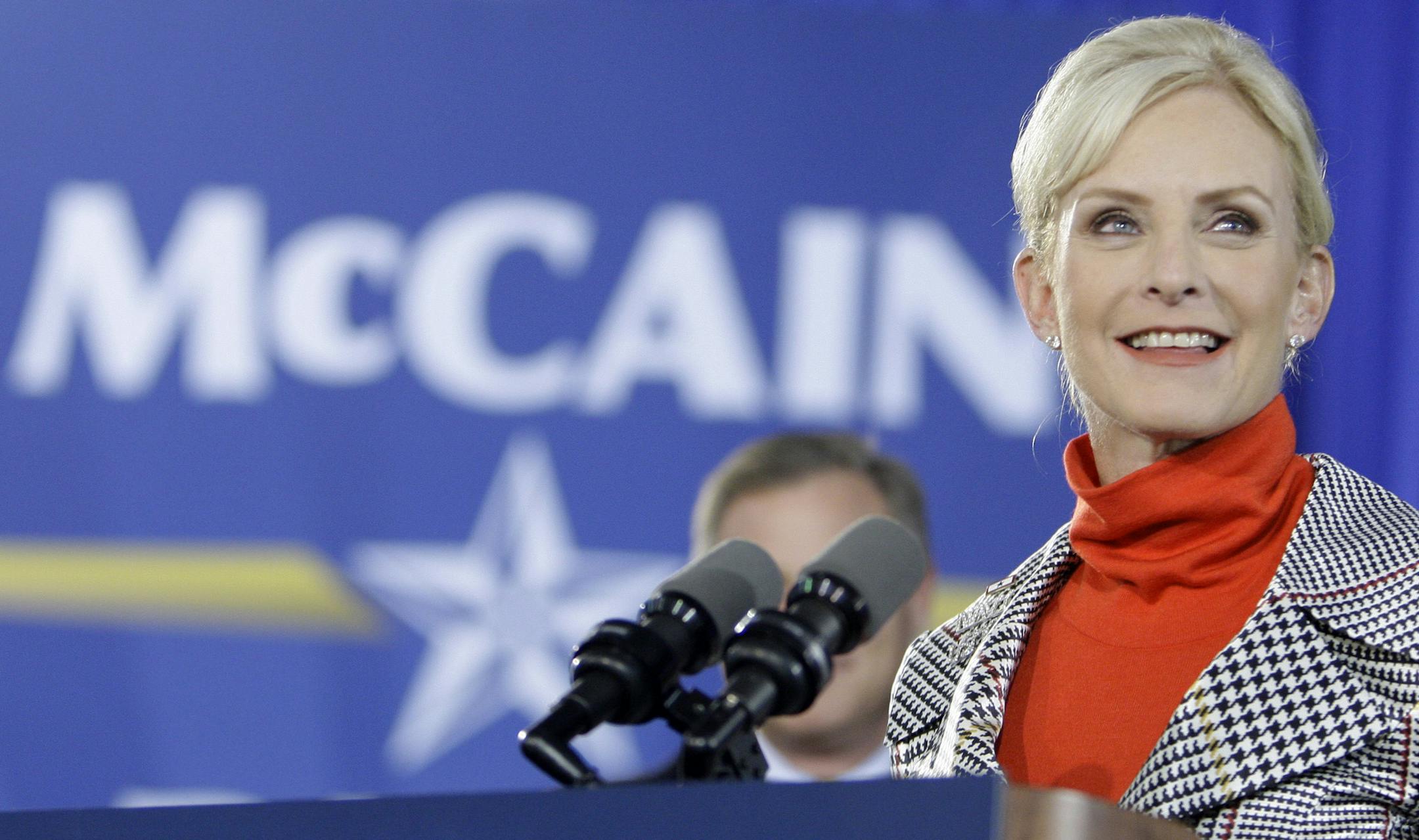 Cindy McCain introduces her husband Republican presidential candidate, Sen. John McCain, R-Ariz., at a rally at Cape Fear Community College in Wilmington, N.C., Monday, Oct. 13, 2008. (AP Photo/Carolyn Kaster)
