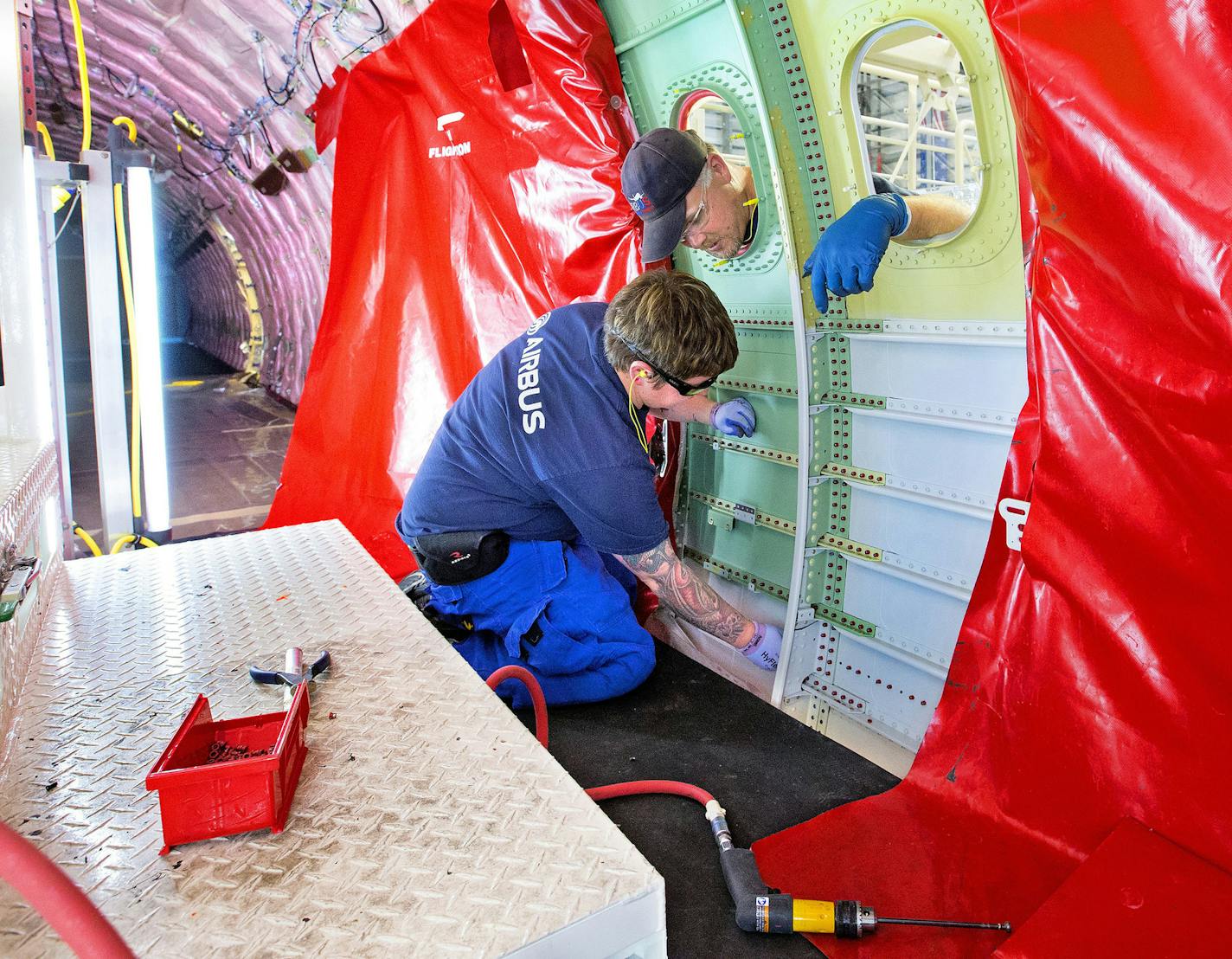 A tail section for an American Airlines A321 is shown at Airbus' production facility in Mobile, Ala. Airbus created a carbon copy of its assembly line in Hamburg, Germany. (Mike Siegel/The Seattle Times/TNS) ORG XMIT: 1182343