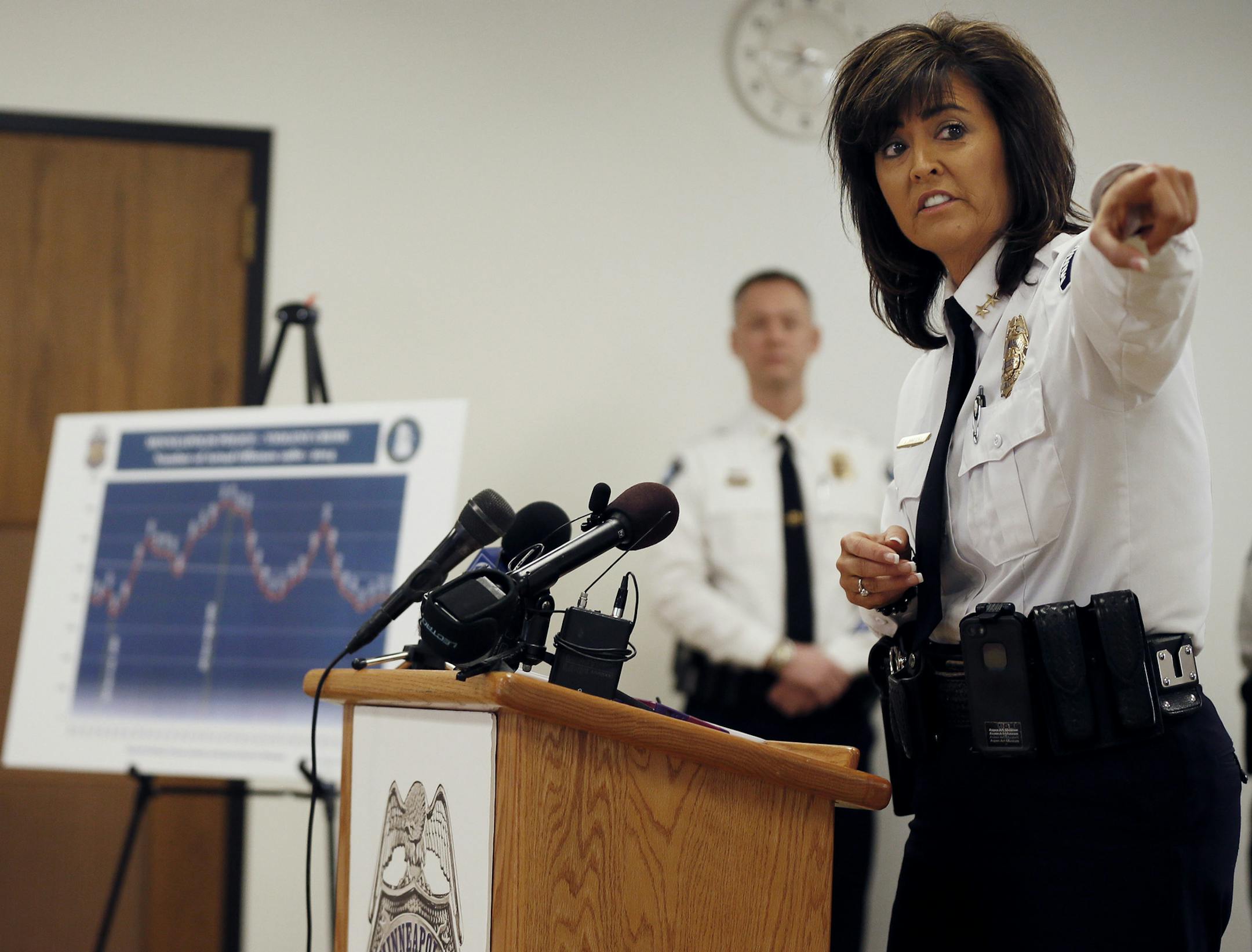 Minneapolis Police Chief Janee Harteau spoke about the fact that overall crime was down in 2014 during a news conference January 15, 2015 Minneapolis, MN.] Jerry Holt/ Jerry.Holt@Startribune.com
