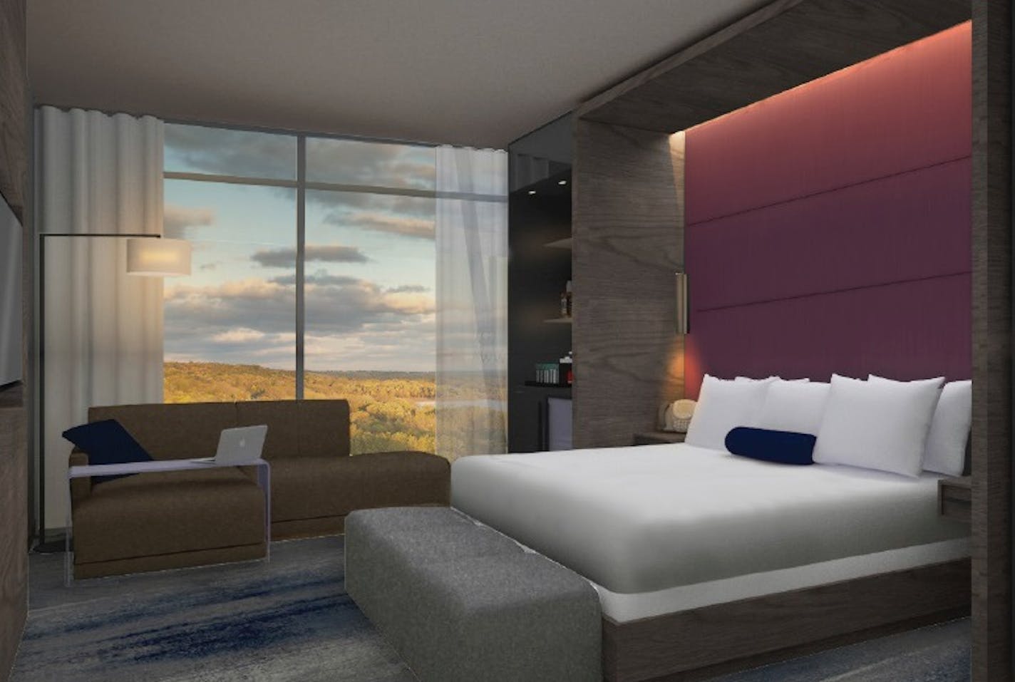 Rendering depicts a room inside the new hotel at Minneapolis/St. Paul International Airport that is being developed by Graves Hospitality of Minneapolis.