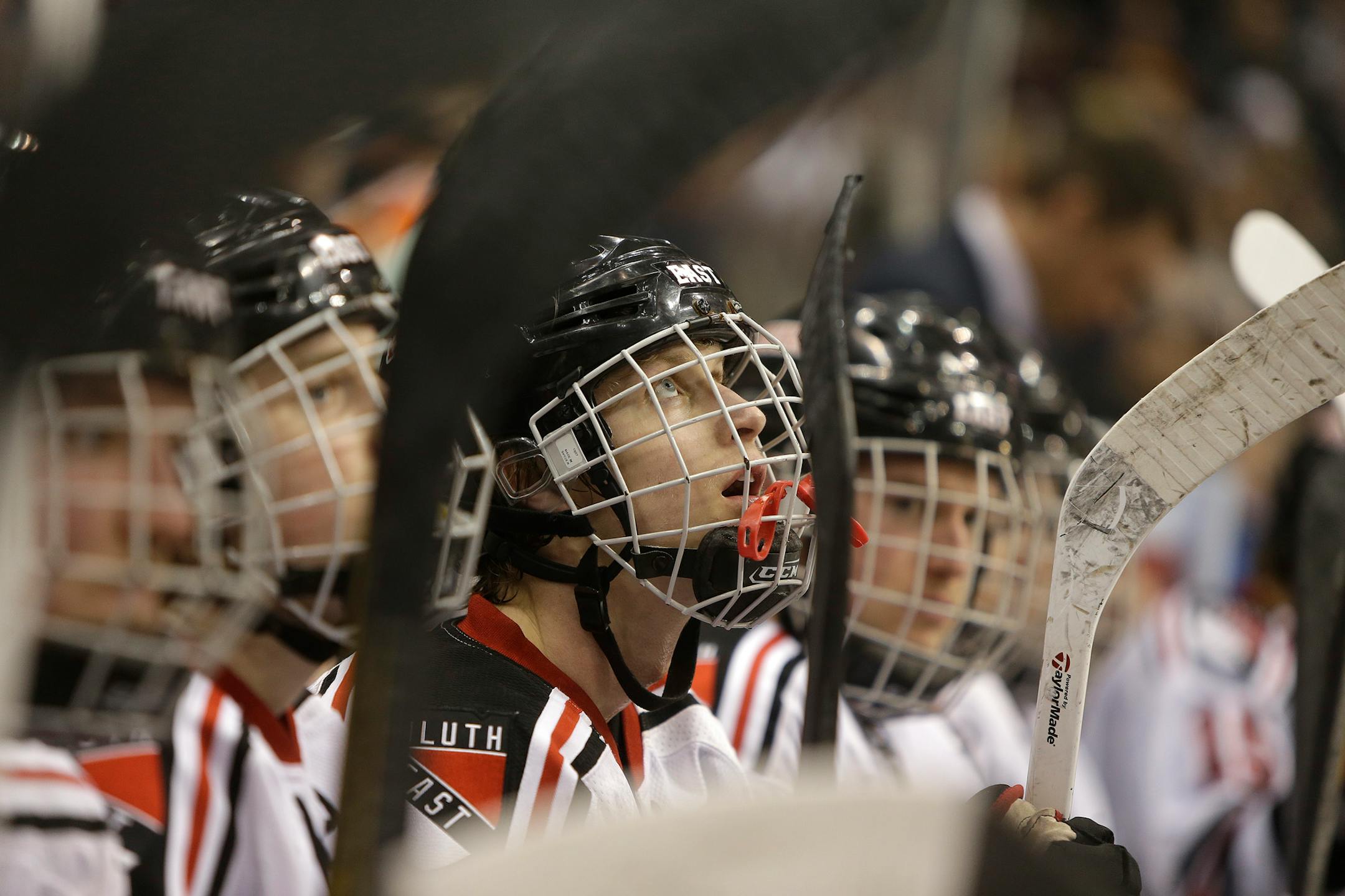Duluth East's team watched the time in their favor during third period during the Class 2A boys' hockey state tournament quarterfinals at the Xcel Energy Center, Thursday, March 7, 2013 in St. Paul, MN.(ELIZABETH FLORES/STAR TRIBUNE) ELIZABETH FLORES � eflores@startribune.com