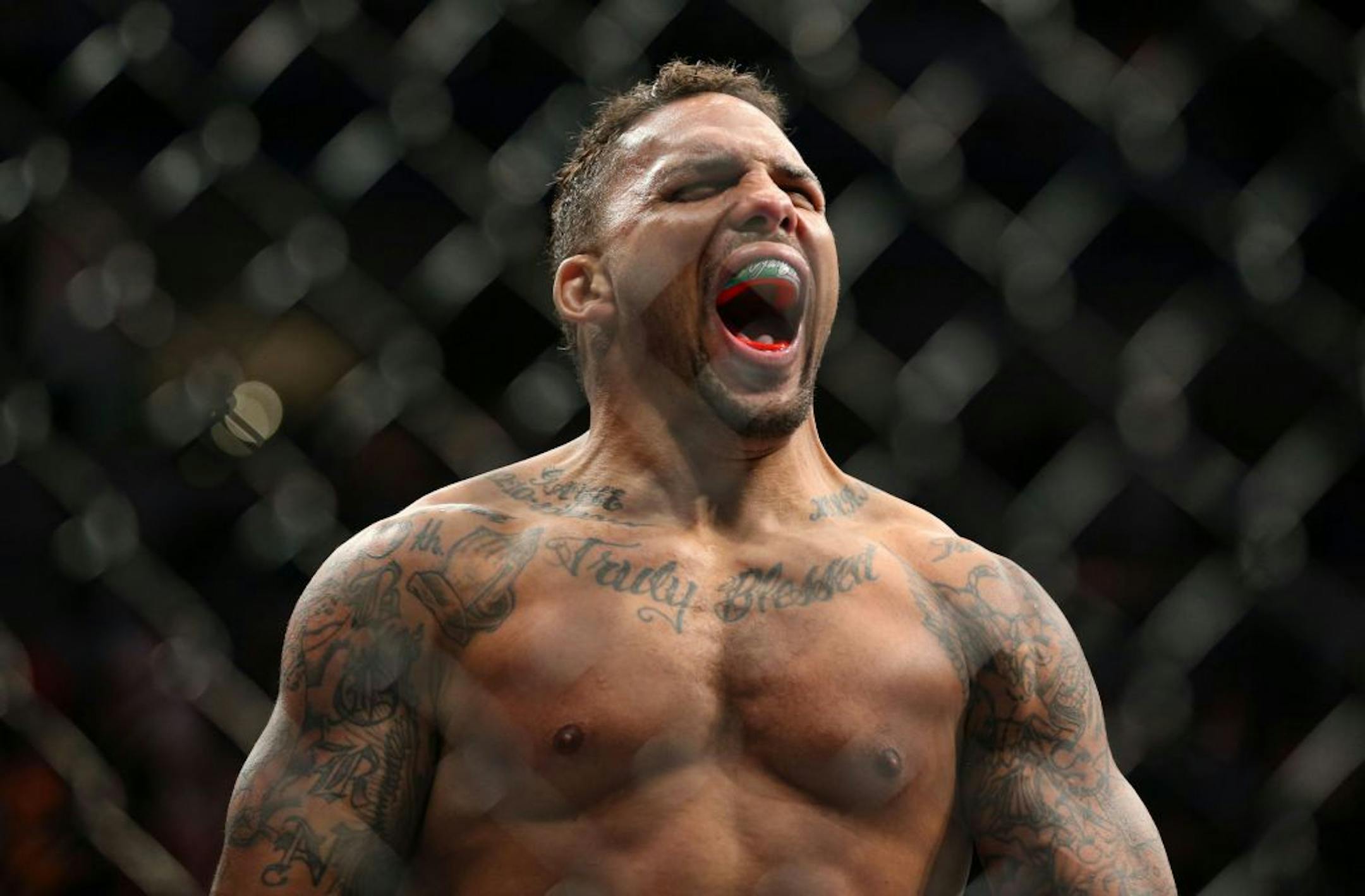 Eryk Anders celebrates after his first round KO against Vinicius Moreira. ALEX KORMANN ¥ alex.kormann@startribune.com UFC Fight Night was held at Target Center on Saturday June 29, 2019. Francis Ngannou and Junior Dos Santos headlined the event.