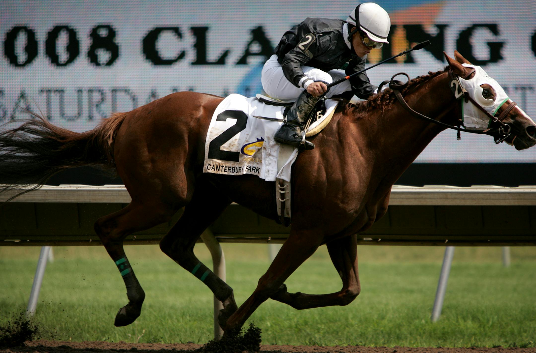 Jockey Fernando De La Cruz rode Antrim County to victory during the $50,000 Claiming Crown Iron Horse race at Canterbury Park. Boys' Haven Equine, in Louisville, Kentucky, owns Antrim County. The organization provides job opportunities with race horses to boys who are aging out of the foster care system.