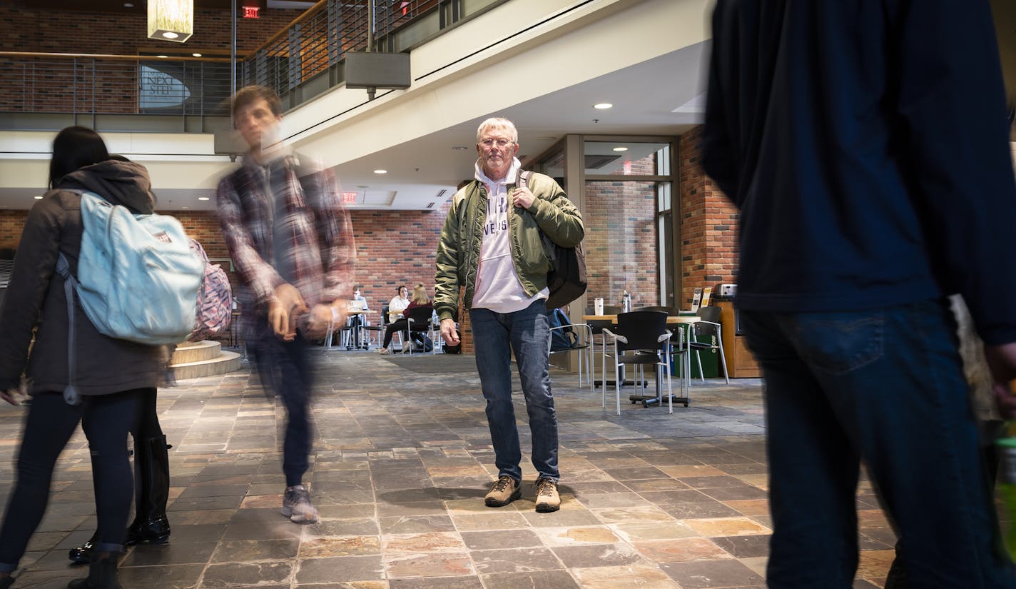 Student Brad Williams posed for a photo on the campus of Bethel University. ] LEILA NAVIDI &#x2022; leila.navidi@startribune.com BACKGROUND INFORMATION: Student Brad Williams posed for a photo on the campus of Bethel University in St. Paul on Tuesday, March 3, 2020. At 70 years old, Woodbury resident Brad Williams is a college student again. The Vietnam War veteran, husband, and grandfather is completing his sophomore year at Bethel University, pursuing a business degree. He left college in the