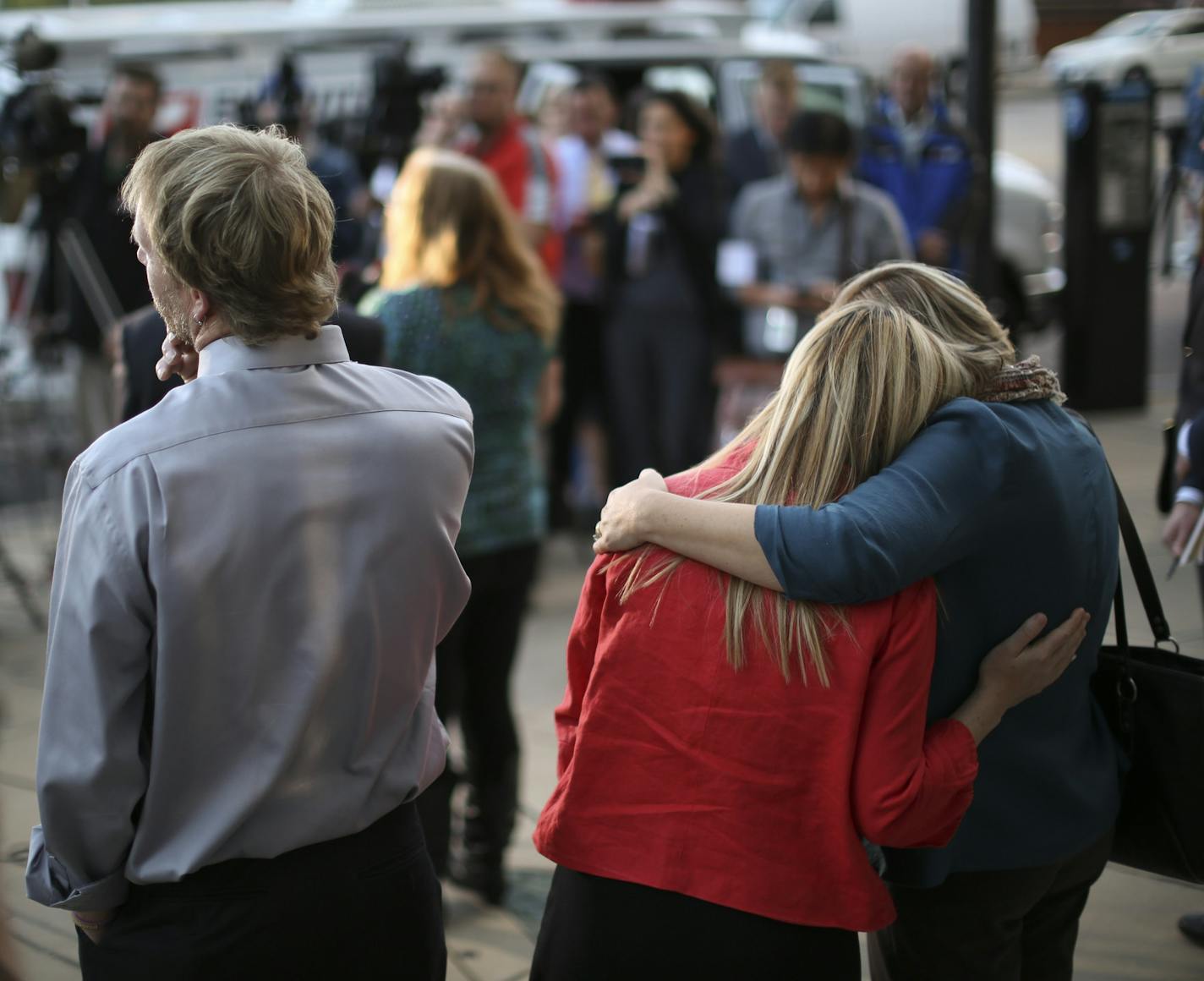 Jeffery Trevino was found guilty of one count of second-degree murder Wednesday in the death of his wife, Kira Steger. Jay Steger stood with his daughter, Keri Anne Steger, and Ramsey County Victim Adovocate Jennifer Mallinger, from left, while Marcie Steger spoke to the news media.