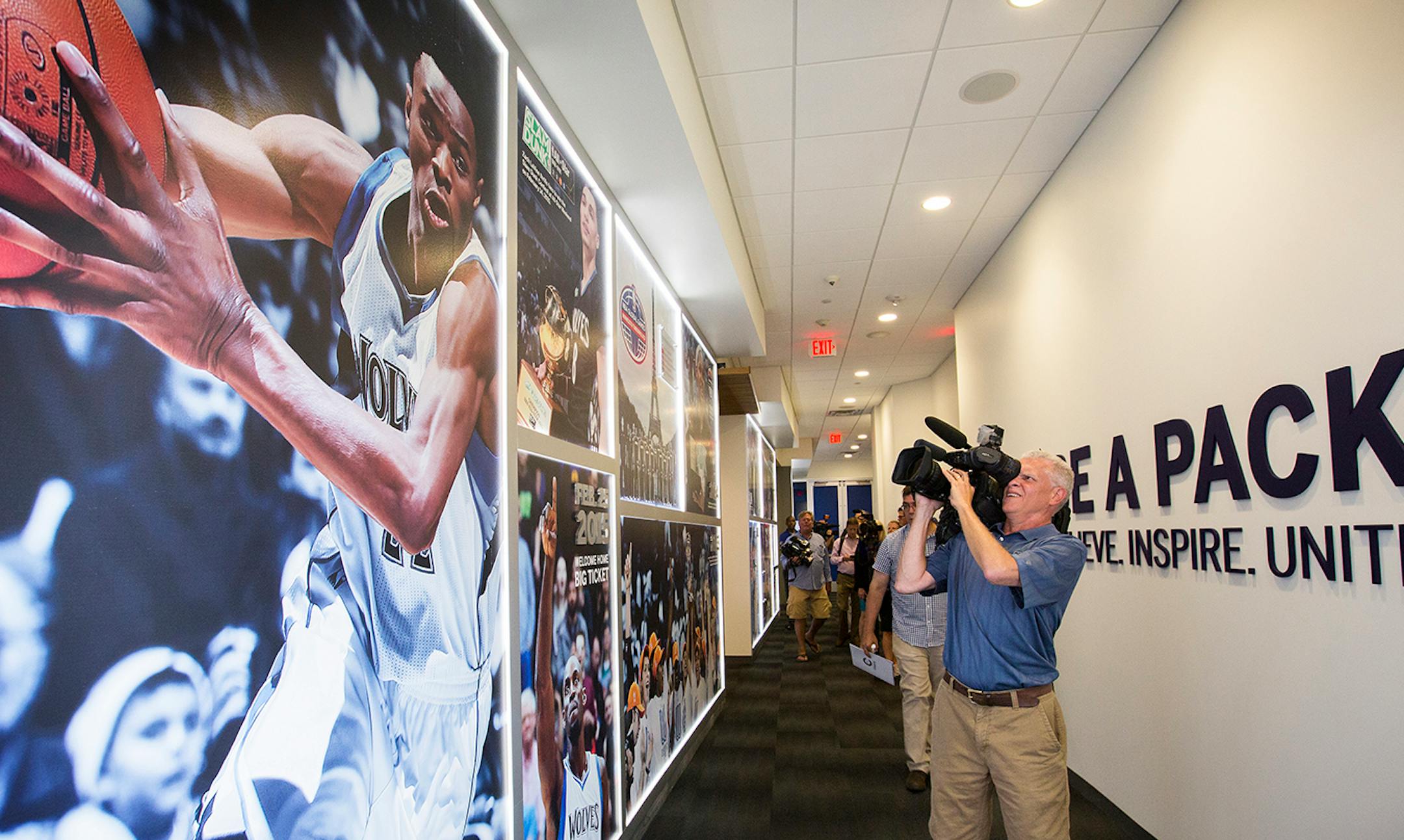 Media tour the new offices for Timberwolves and Lynx staff during the grand opening event at the Timberwolves and Lynx Courts at Mayo Clinic Square in downtown Minneapolis on Wednesday, June 17, 2015.
