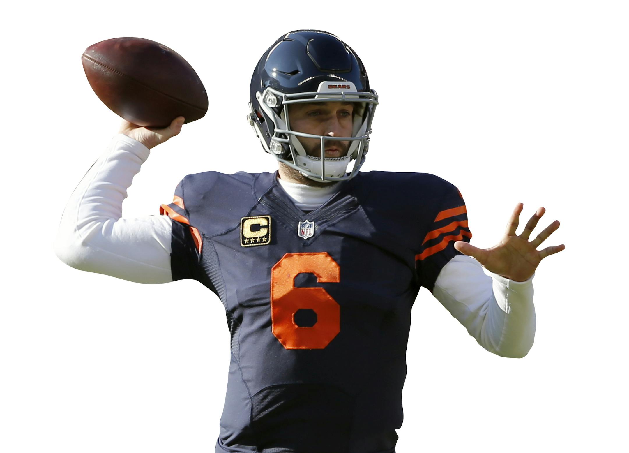 Chicago Bears quarterback Jay Cutler (6) throws during the first half of an NFL football game against the San Francisco 49ers, Sunday, Dec. 6, 2015, in Chicago. (AP Photo/Charles Rex Arbogast) ORG XMIT: MIN2015121020105441