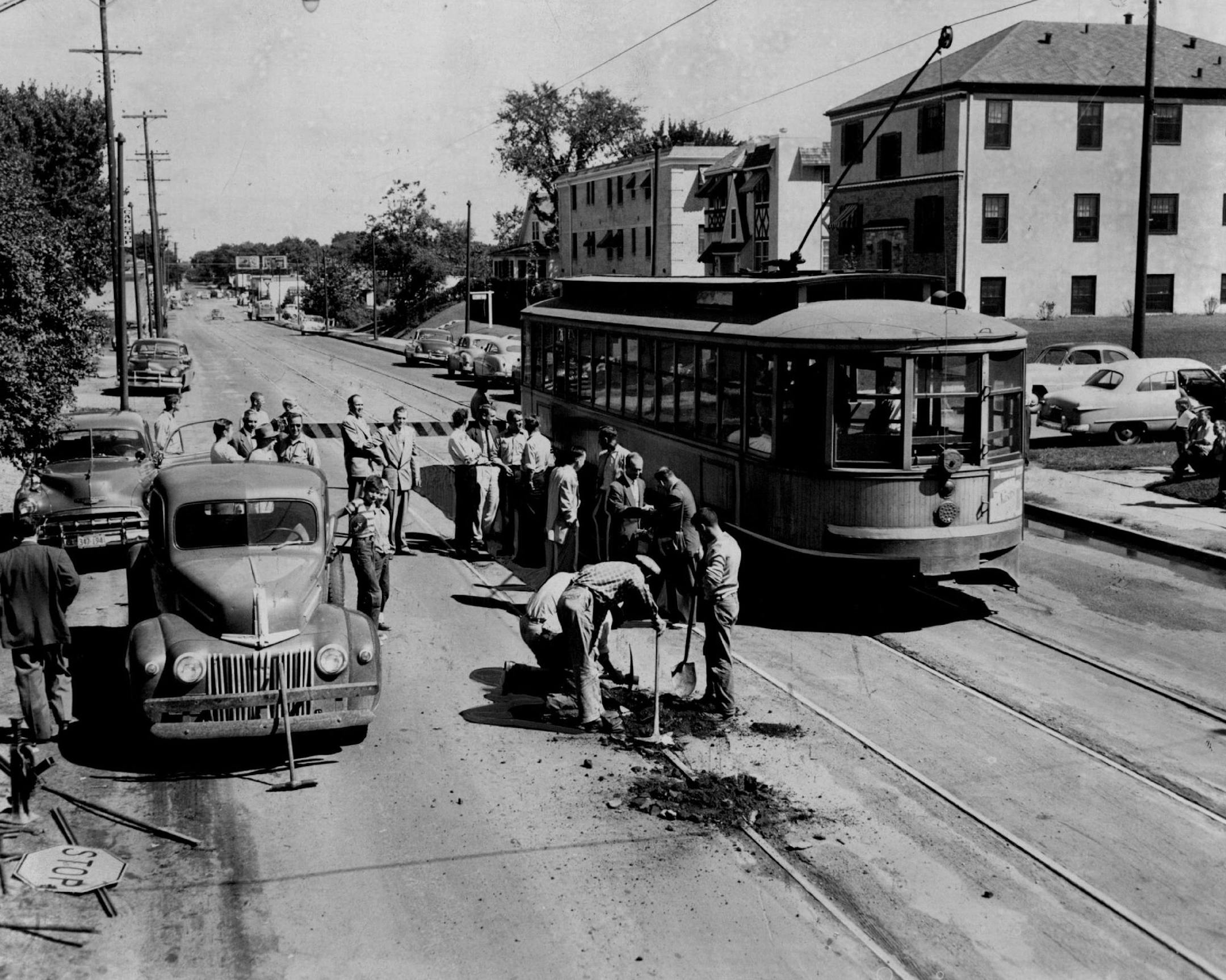 August 11, 1952 The village of Edina defied the city of Minneapolis and the Twin City Rapid Transit Co. Aug. 11. It began tearing up the streetcar tracks on its half of France avenue south of Forty-sixth street in order to start a paving job it had put off for several years. Shown is the last streetcar to make the trip form Edina to Minneapolis. Edina, which paved its half of the street, now is served by a shuttle bus. December 28, 1952 February 4, 1983 August 15, 1994 Arthur Hager, Minneapolis