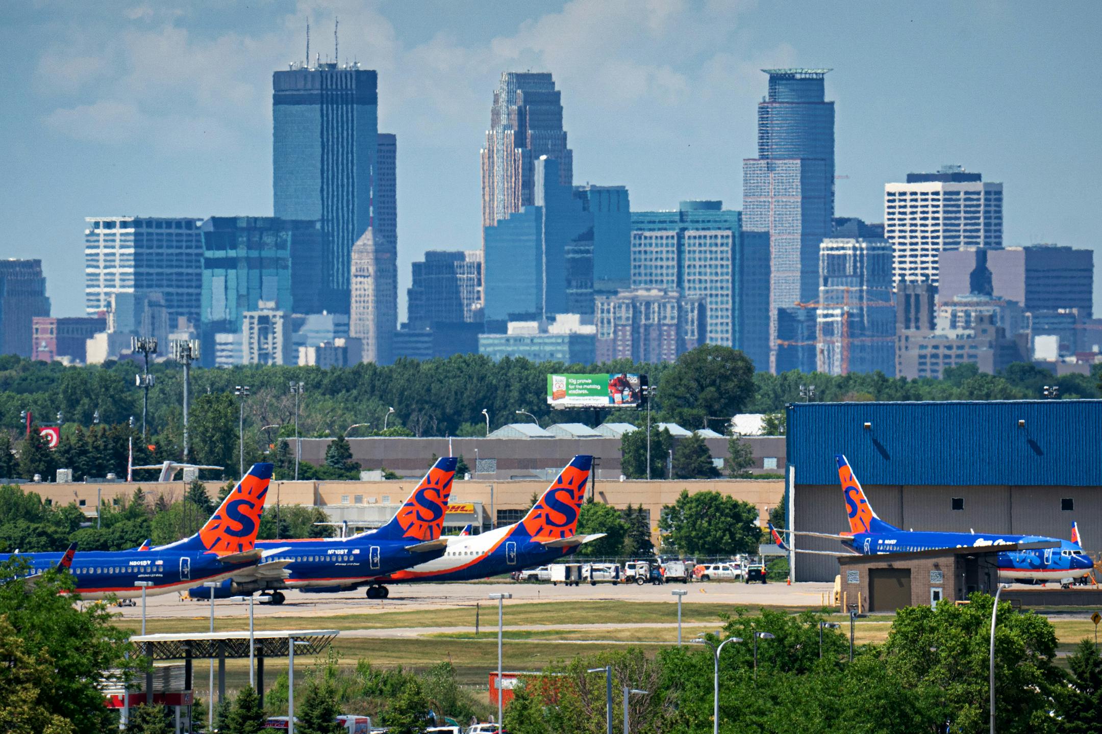 Sun Country jets on the tarmac at their Minneapolis St. Paul International Airport headquarters.